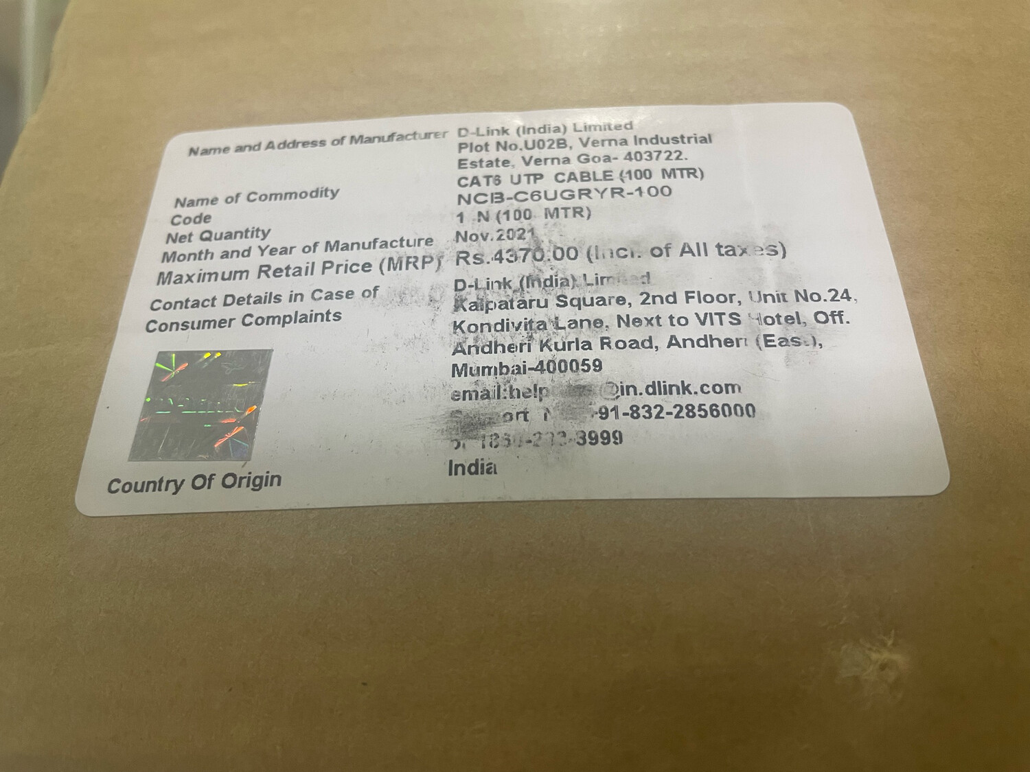 D-Link 100mtr Cat 6 UTP Cable, Grey D-Link 100mtr Cat 6 UTP Cable, Grey