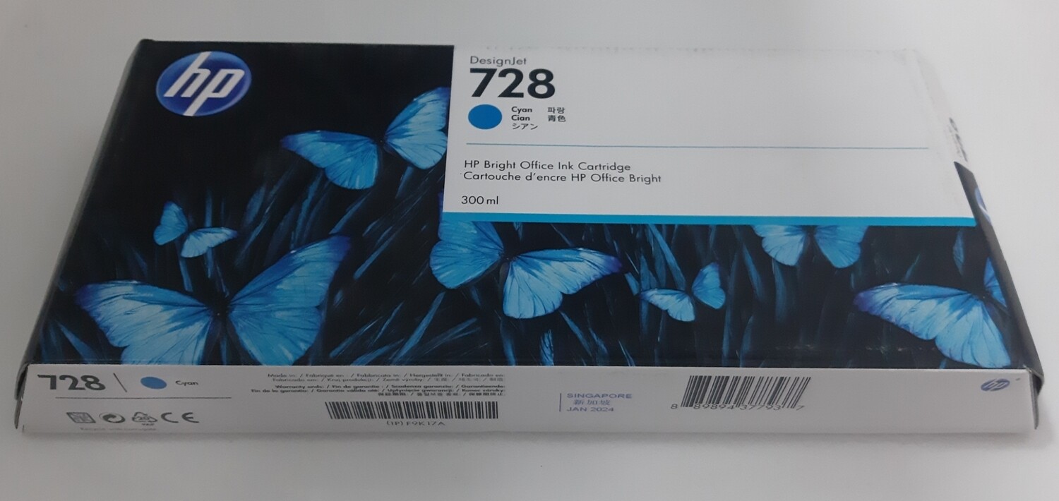 HP DesignJet 728 Cyan Ink Cartridge, 300ml (T730, T830)