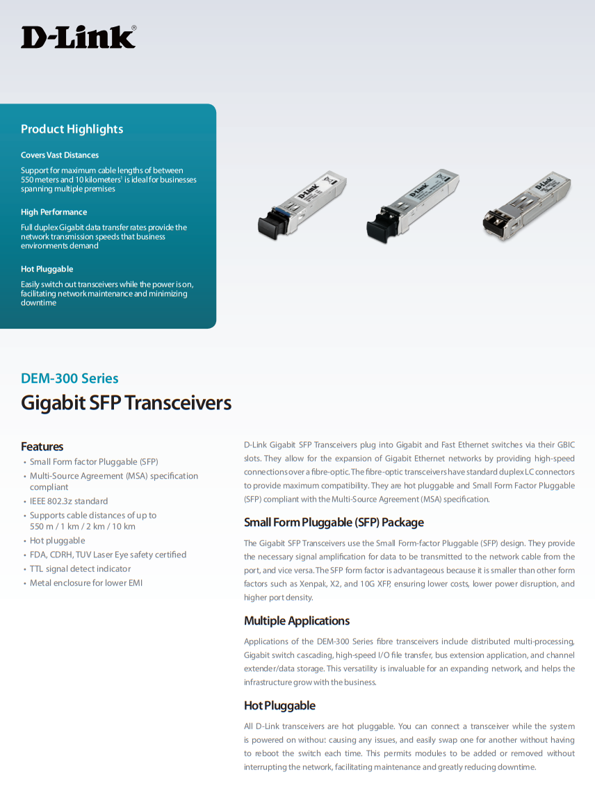 D-Link DEM-310GT 1-Port Mini GBIC Module for 1000BaseLX (LC Duplex) D-Link DEM-310GT 1-Port Mini GBIC Module for 1000BaseLX (LC Duplex)