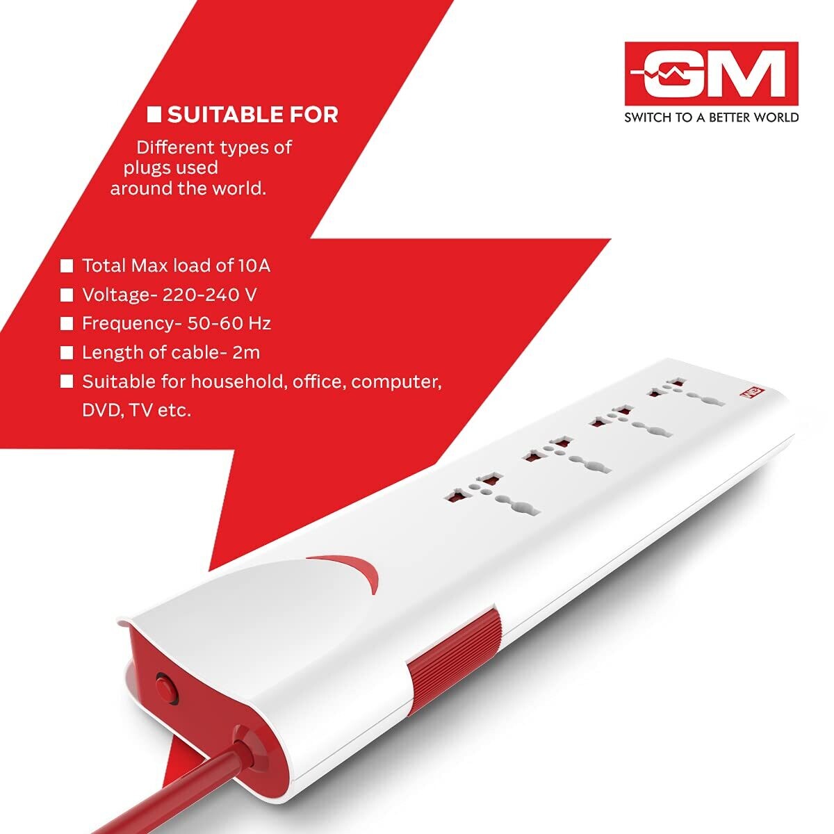 GM 3060 E-Book 4 Sockets , 1 Switch Power Strip with Master Switch , 2 Mtr GM 3060 E-Book 4 Sockets , 1 Switch Power Strip with Master Switch , 2 Mtr