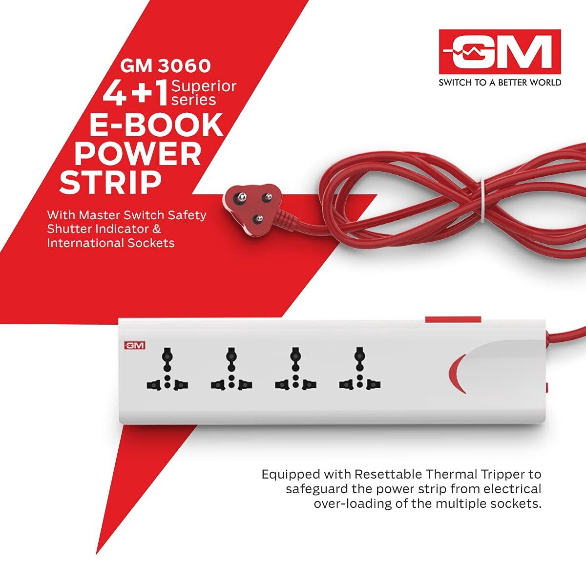 GM 3060 E-Book 4 Sockets , 1 Switch Power Strip with Master Switch , 2 Mtr GM 3060 E-Book 4 Sockets , 1 Switch Power Strip with Master Switch , 2 Mtr