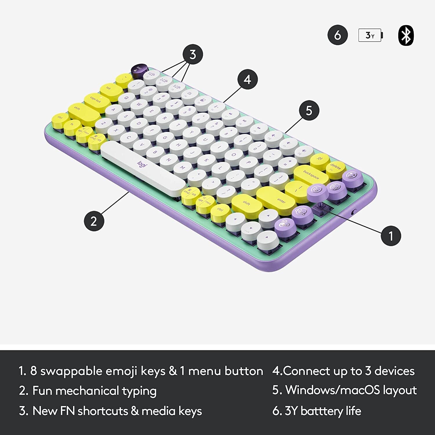 Logitech POP Keys Mechanical Wireless Keyboard, Daydream