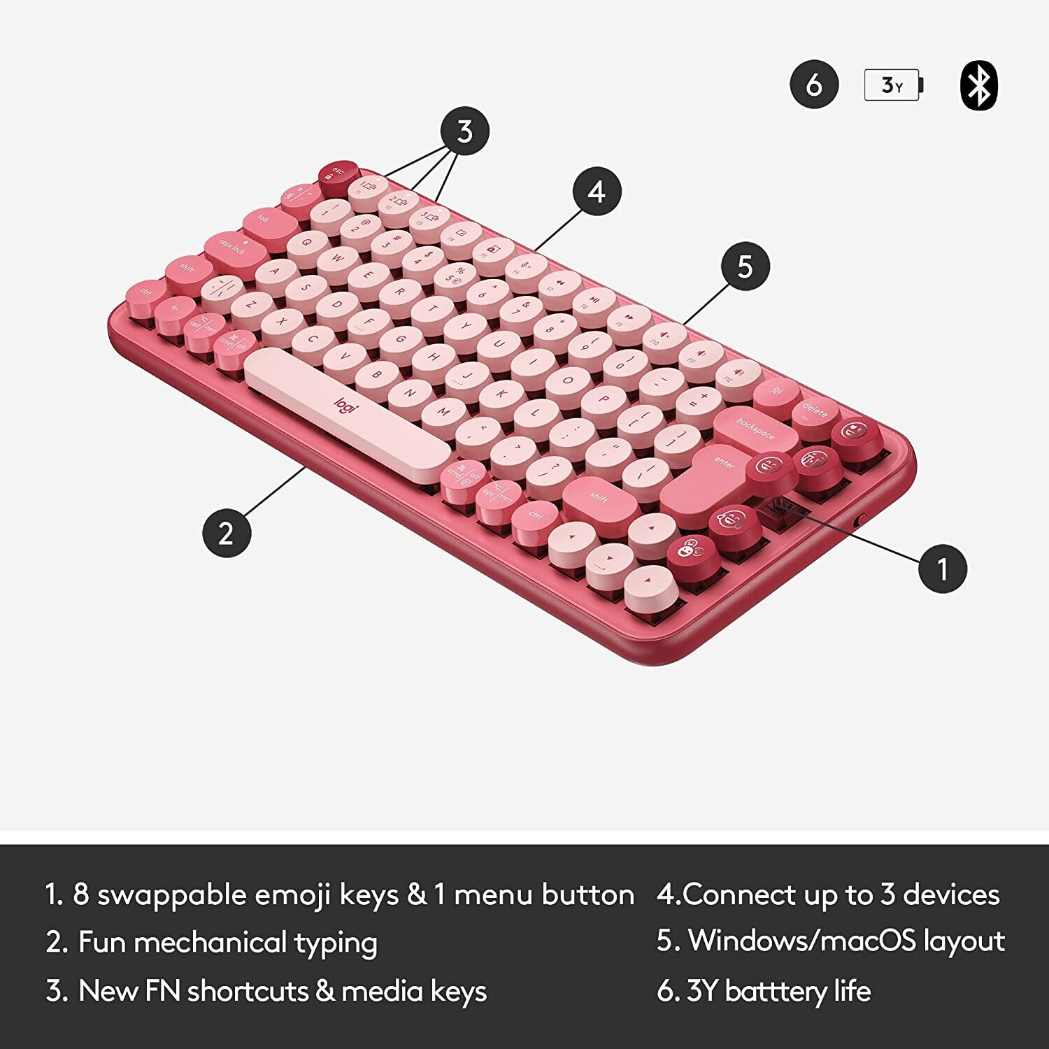 Logitech POP Keys Mechanical Wireless Keyboard , Rose Logitech POP Keys Mechanical Wireless Keyboard , Rose