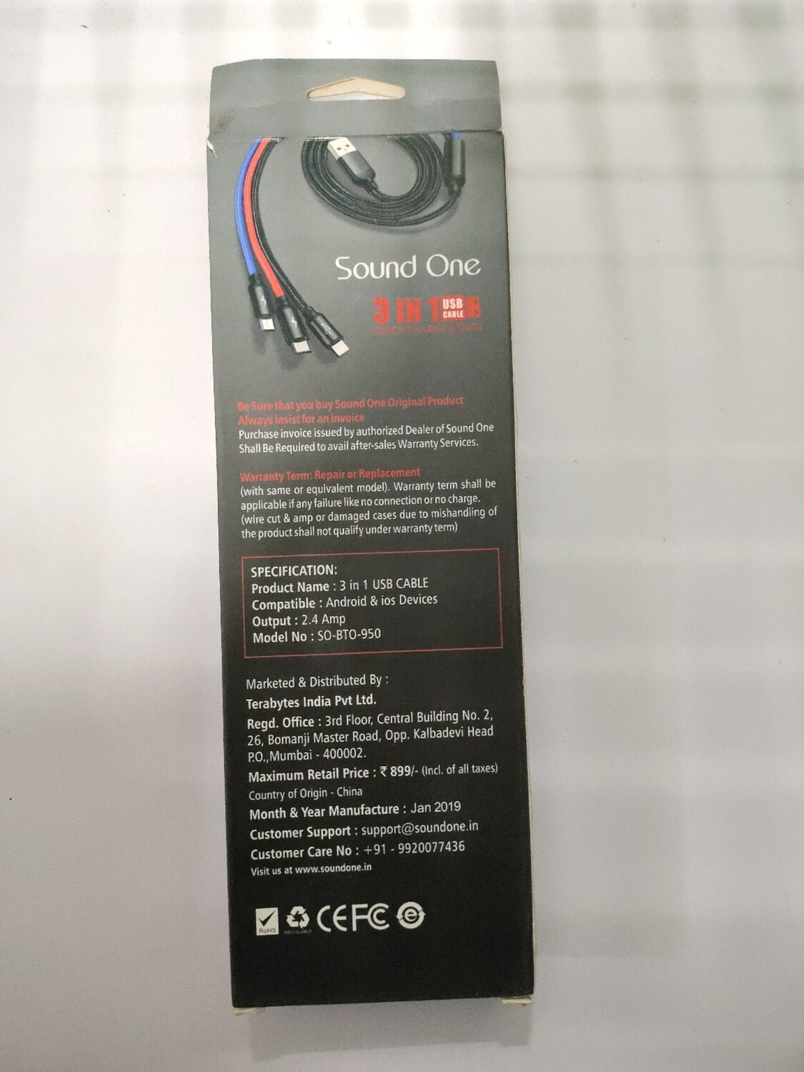 Sound One 1.2mtr USB to 3 in 1 Charging Cable