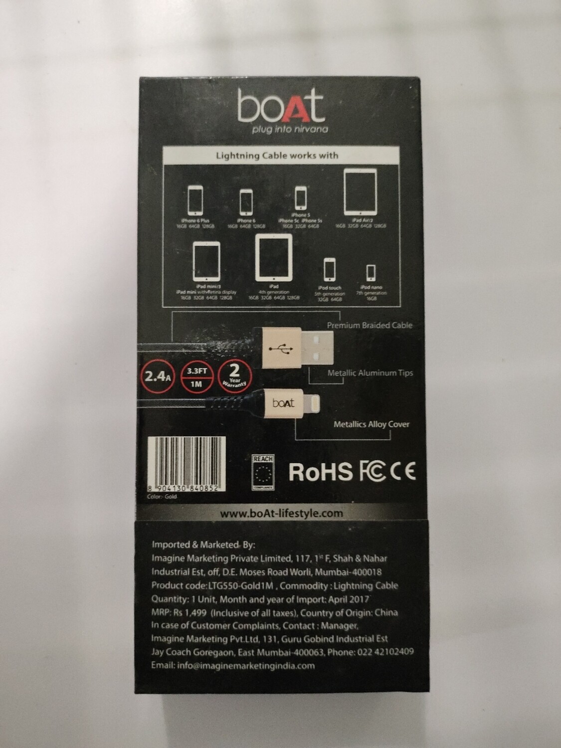 boAt 1mtr USB to Lightinng Data Cable, Grey