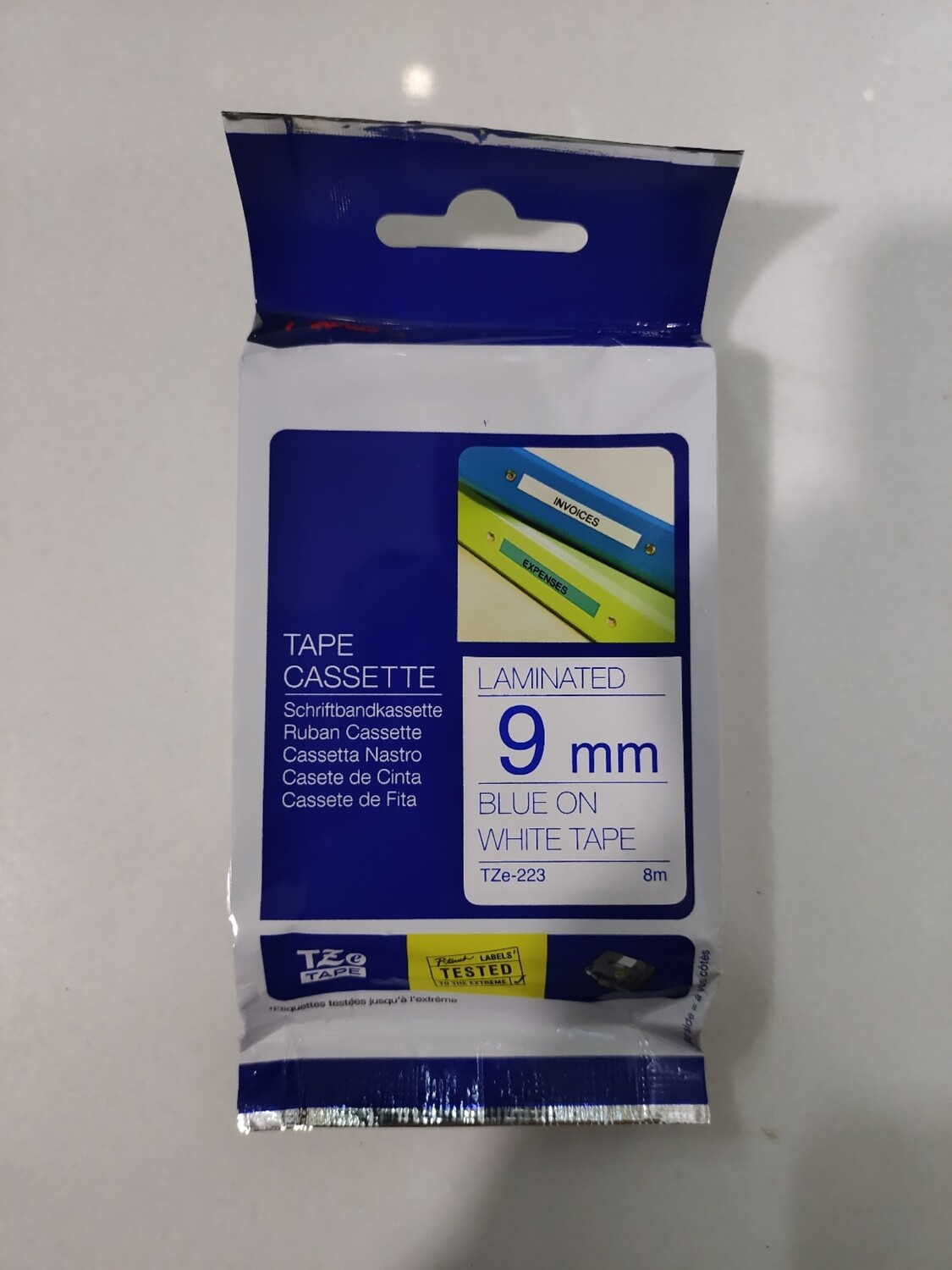 Brother Tze-223 Blue on White 9mm Label Tape Brother Tze-223 Blue on White 9mm Label Tape