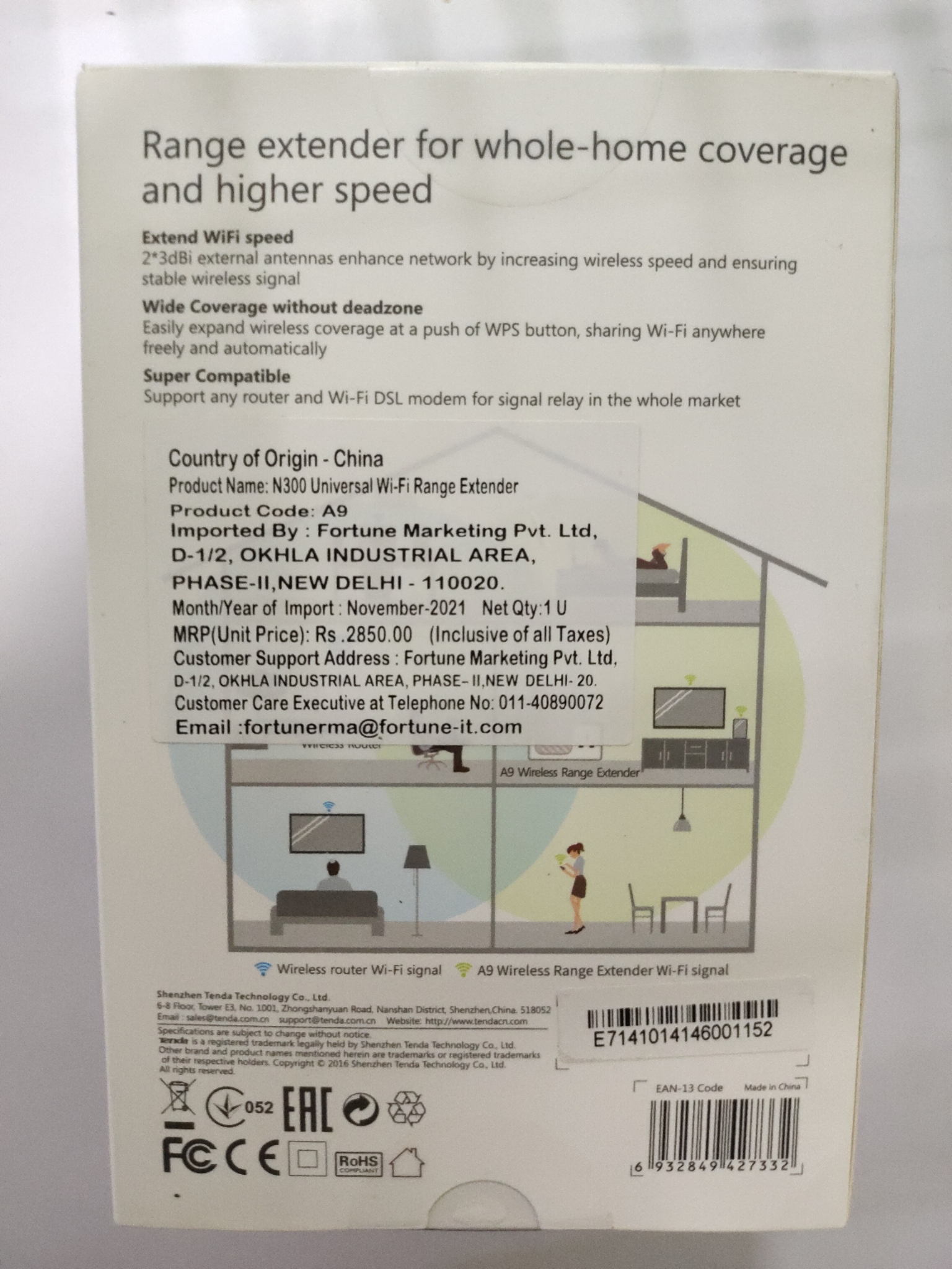 Tenda A9 Extender Ripetitore Wi-Fi 300 Mbps, 2 antenne omnidirezionali  3dbi, Semplice da installare, N300