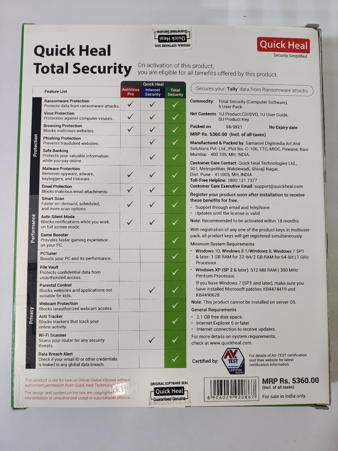 New, 5 User, 1 Year, Quick Heal Total Security