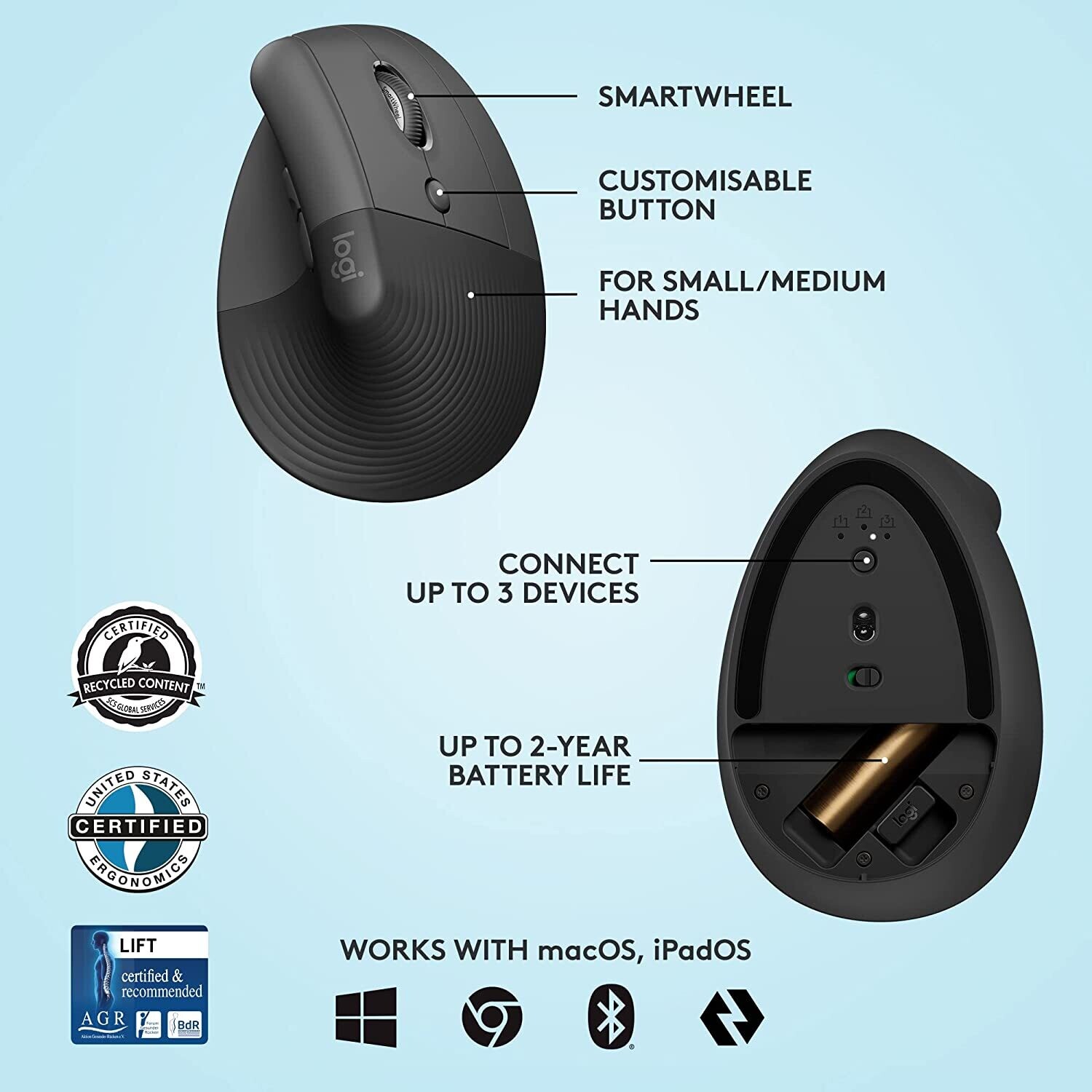 Logitech Lift Vertical Ergonomic Wireless Mouse, Black