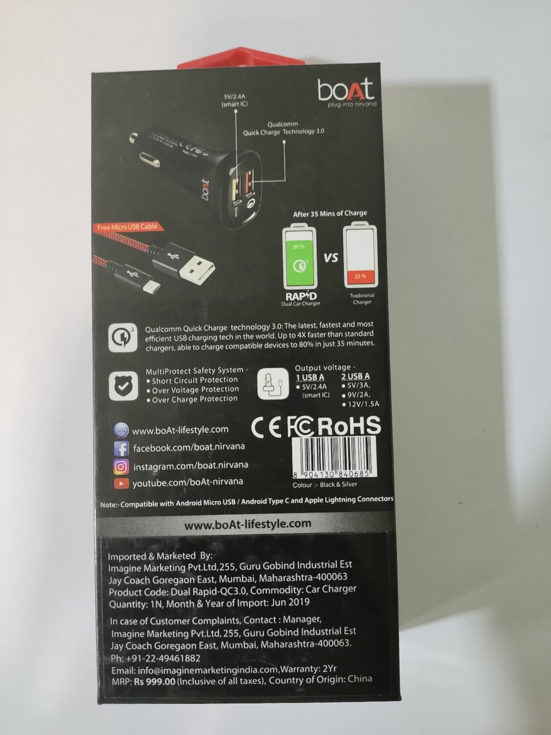 boAt Dual Port Rapid Car Charger + Micro USB Cable boAt Dual Port Rapid Car Charger + Micro USB Cable