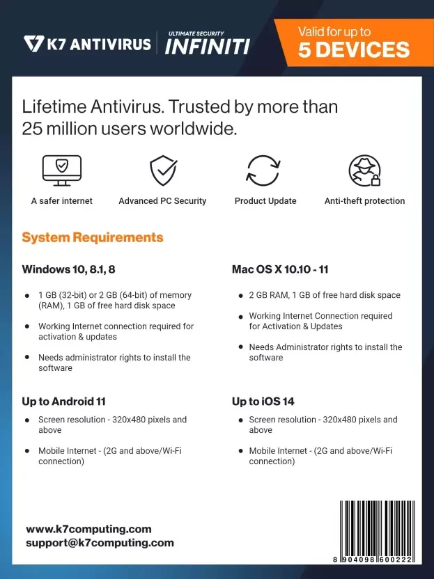 5 User,  Lifetime, K7 Ultimate Security Infiniti