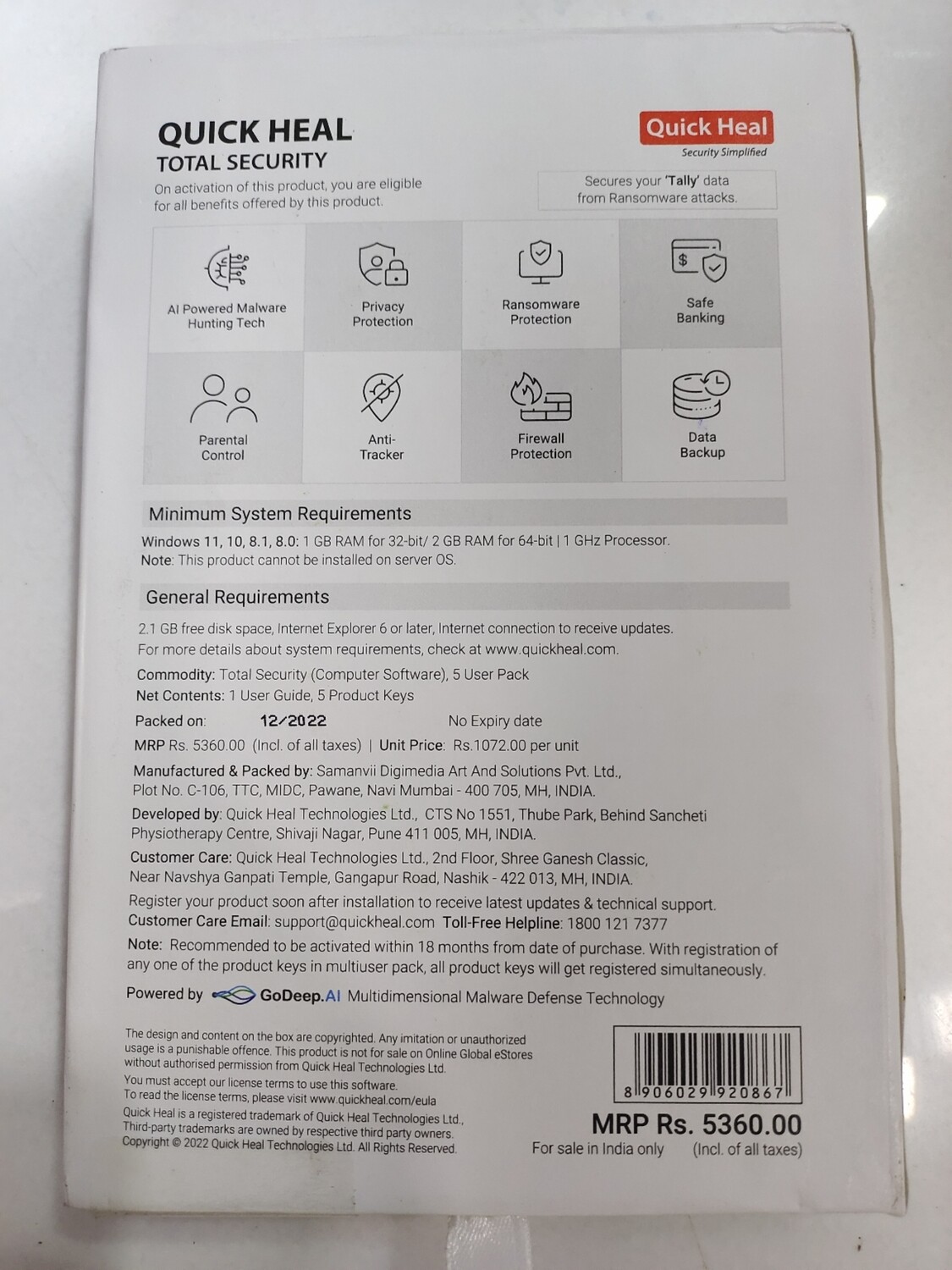 New, 5 User, 1 Year, Quick Heal Total Security