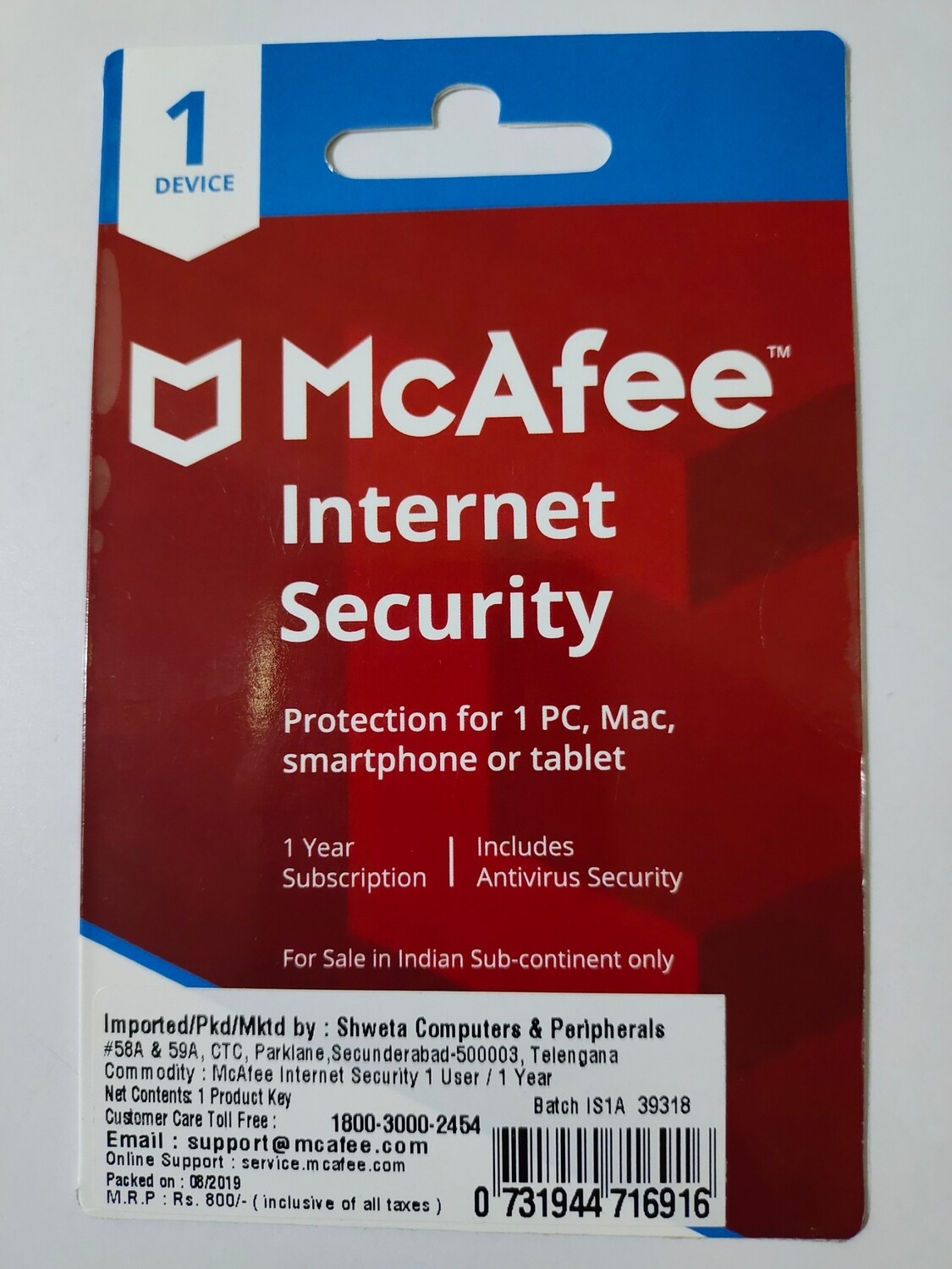 1 User, 1 Year, Mcafee Internet Security