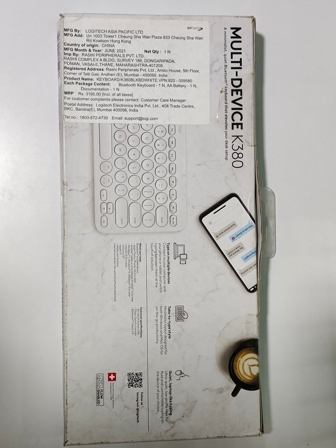 Logitech K380 Multi-Device Bluetooth Keyboard, Off-white