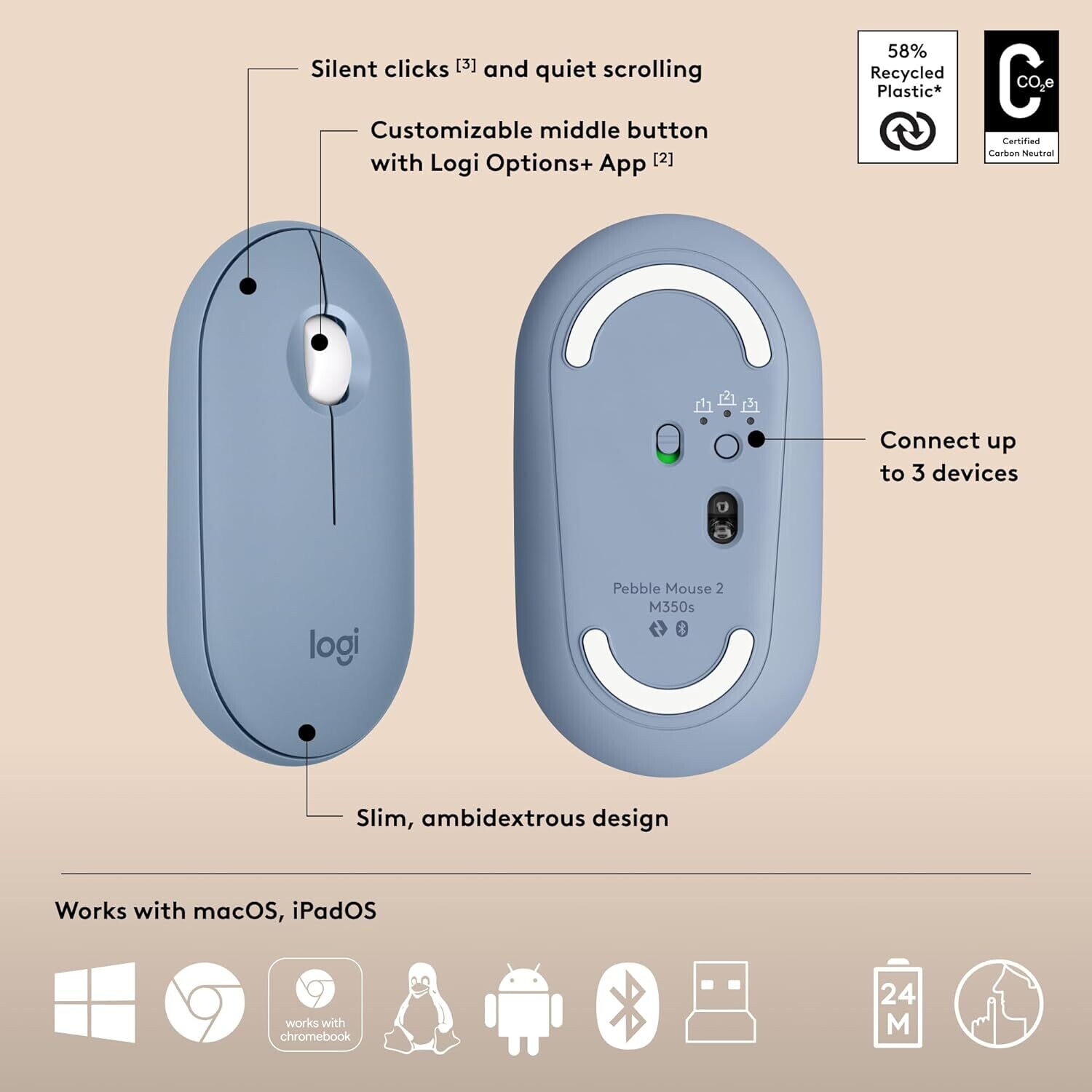 Logitech Pebble 2 Combo Keyboard Mouse, Tonal Blue Logitech Pebble 2 Combo Keyboard Mouse, Tonal Blue