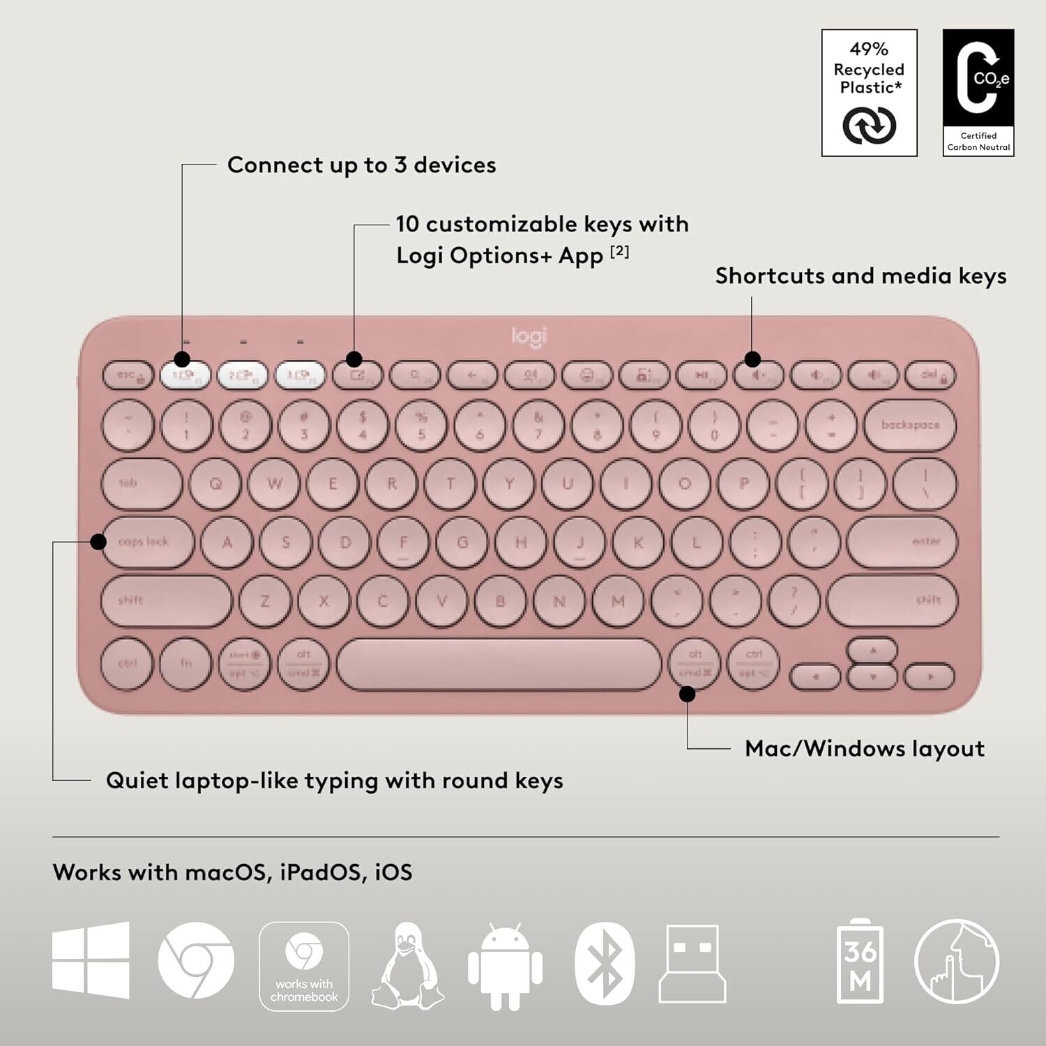 Logitech Pebble 2 Combo Wireless Keyboard Mouse Tonal Rose Logitech Pebble 2 Combo Wireless Keyboard Mouse Tonal Rose