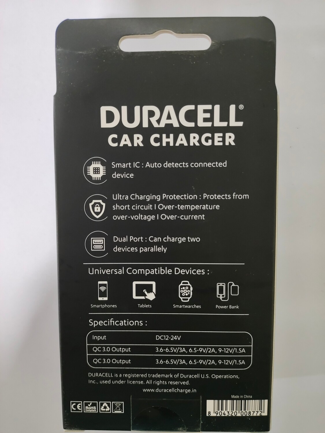 Duracell 36W Fast Car Charger Adapter Duracell 36W Fast Car Charger Adapter