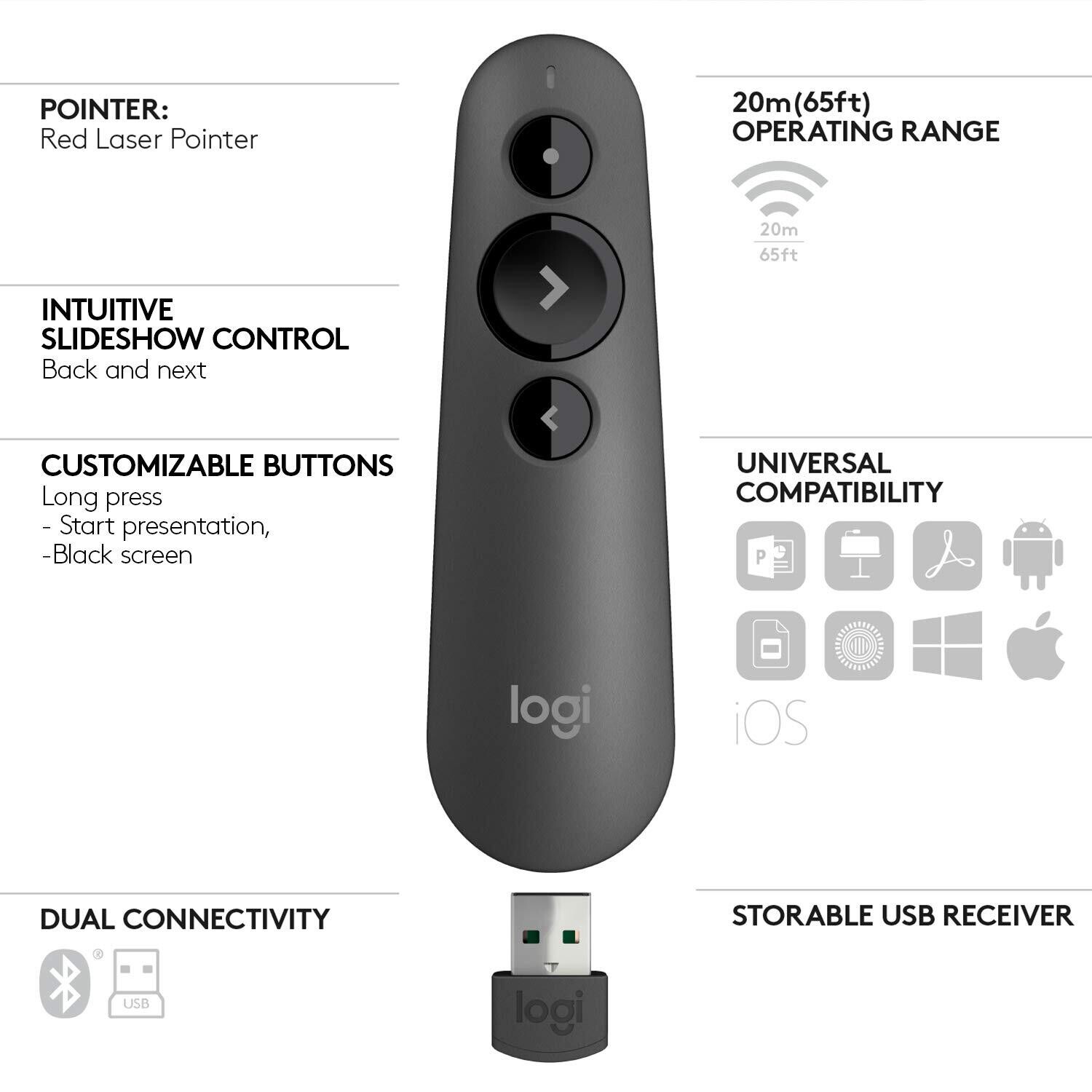 Logitech R500s Laser Pointer Presentation Remote, Mid Grey
