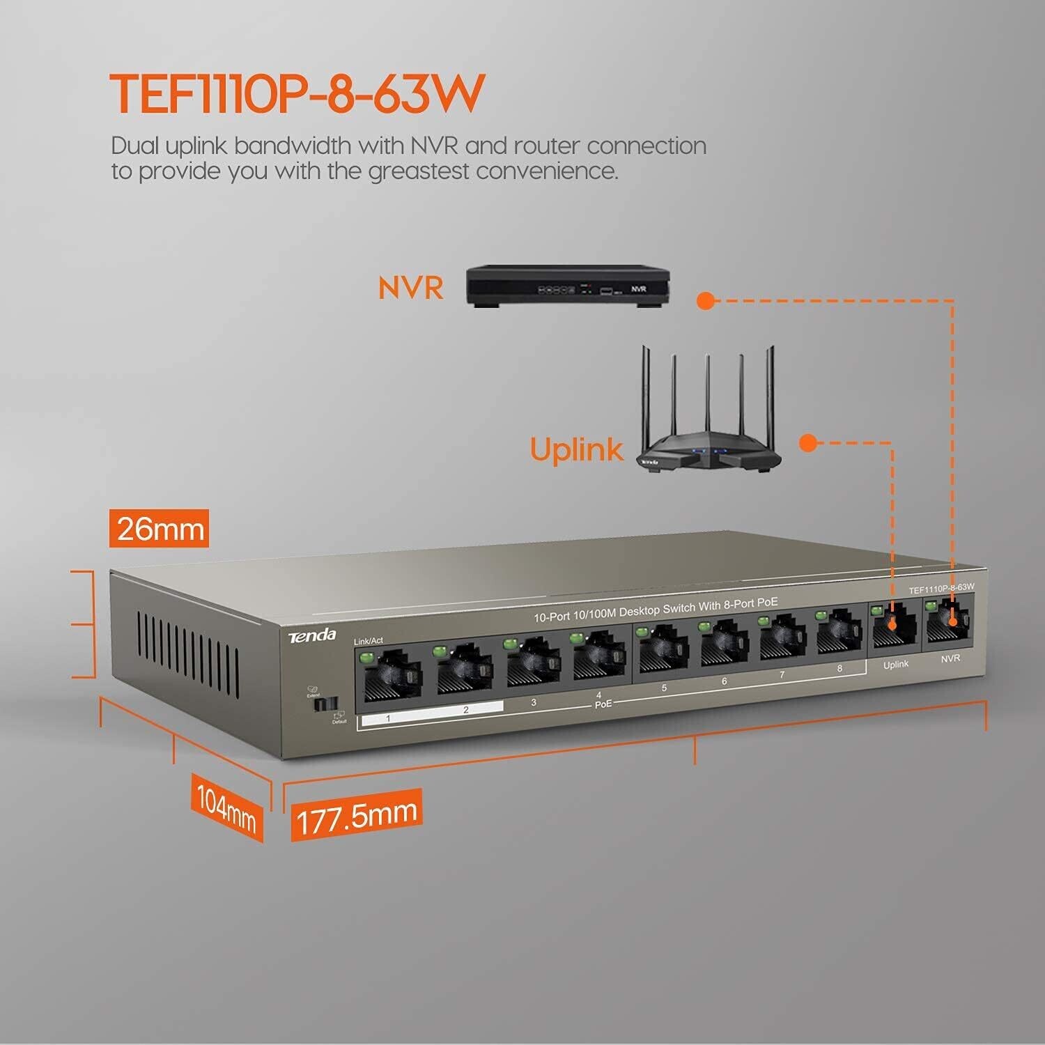 Tenda TEF1110P-8-63W 10-Port Desktop Switch with 8-Port PoE