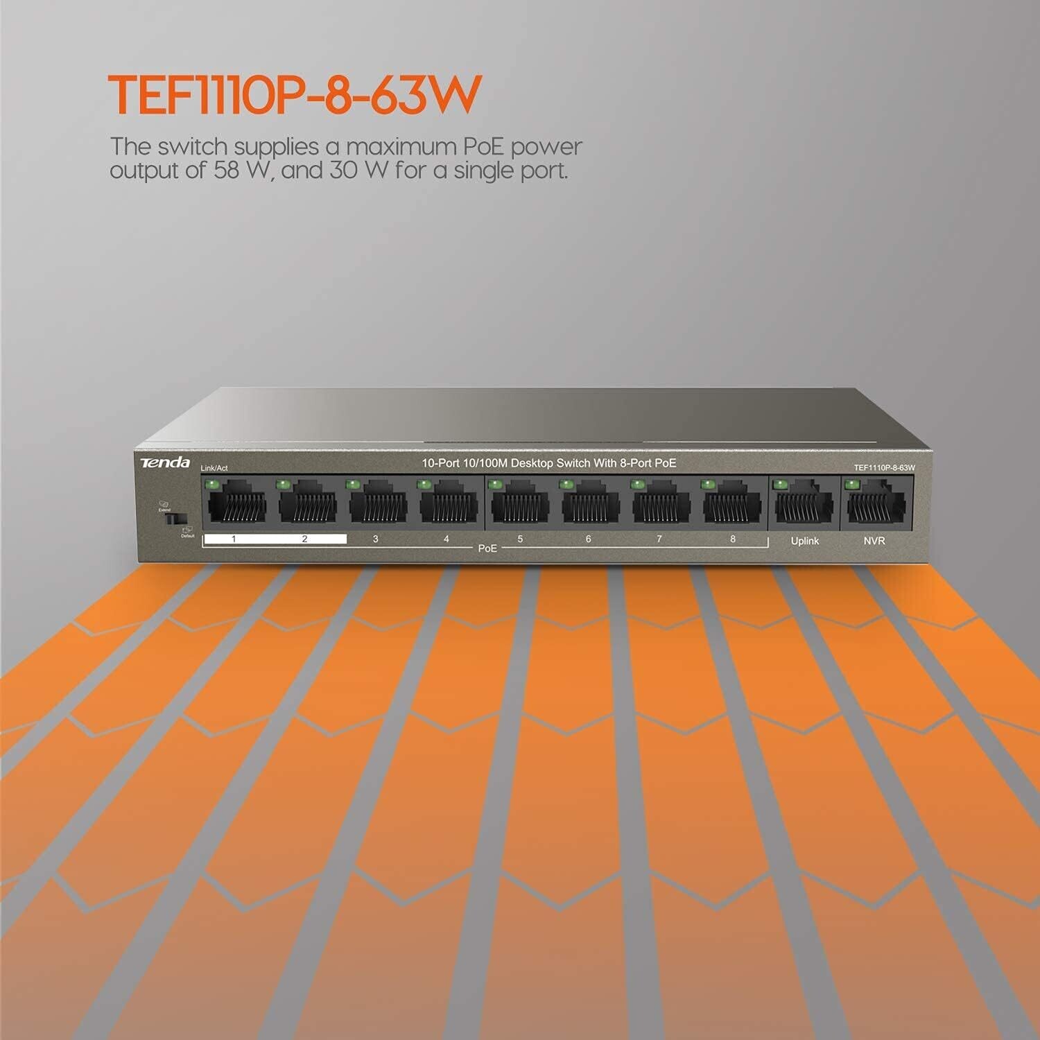 Tenda TEF1110P-8-63W 10-Port Desktop Switch with 8-Port PoE