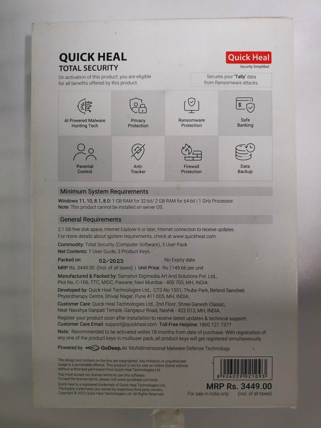 New, 3 User, 1 Year, Quick Heal Total Security