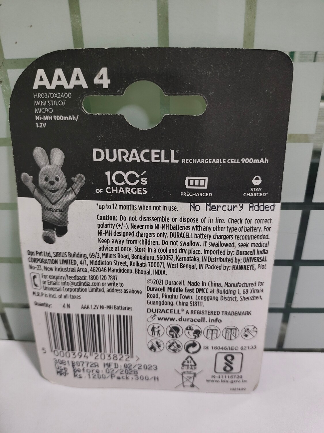 Duracell AAA, 4, Battery, 900mAh, Rechargeable