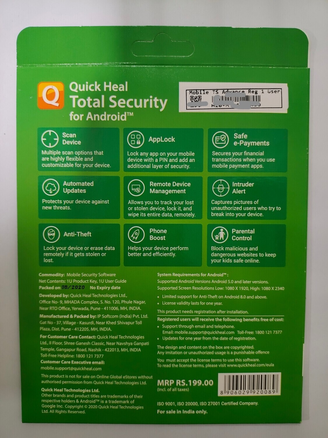 (New) 1 Device, 1 Year, Quick Heal Mobile Security, For Android