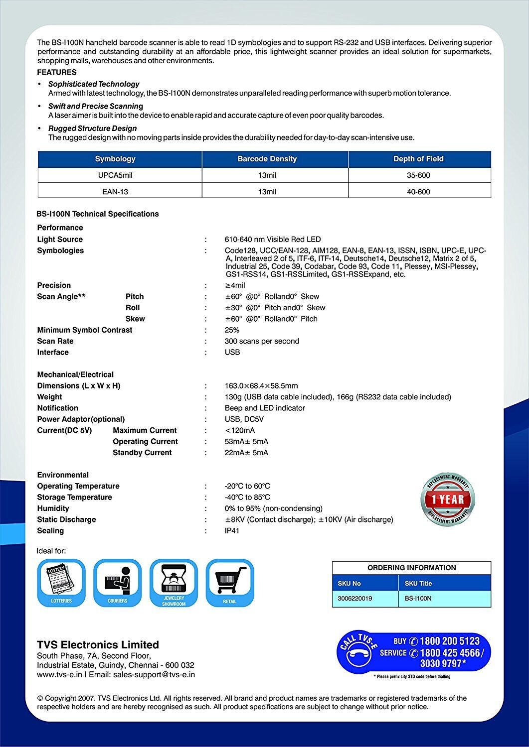 Tvs BS-L100 Plus Barcode Scanner Tvs BS-L100 Plus Barcode Scanner