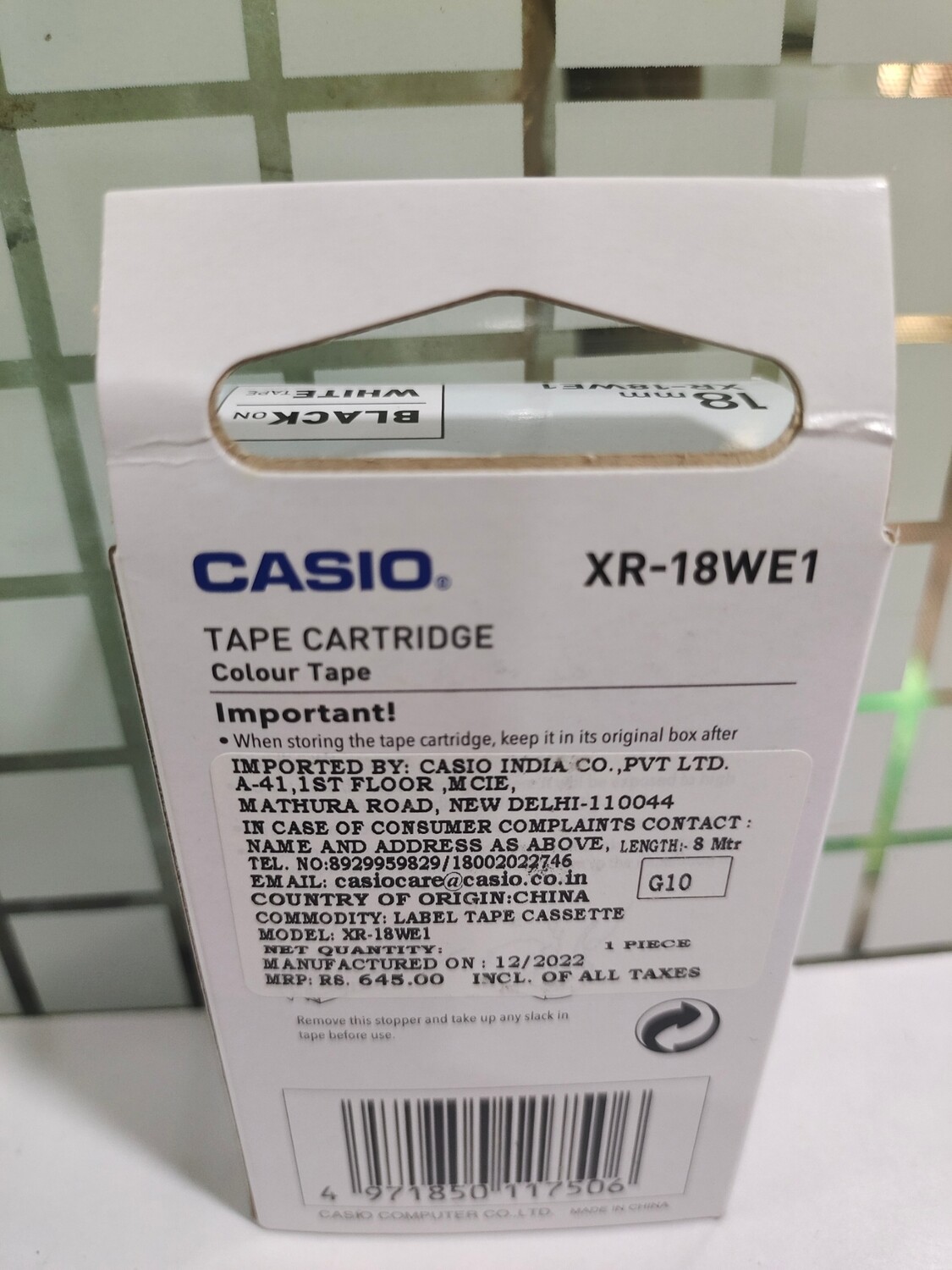 Casio XR-18WE1 Black on White 18mm Label Tape Casio XR-18WE1 Black on White 18mm Label Tape