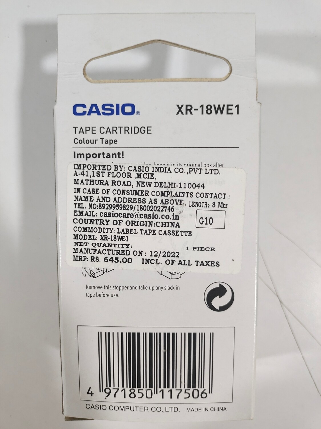 Casio XR-18WE1 Black on White 18mm Label Tape Casio XR-18WE1 Black on White 18mm Label Tape