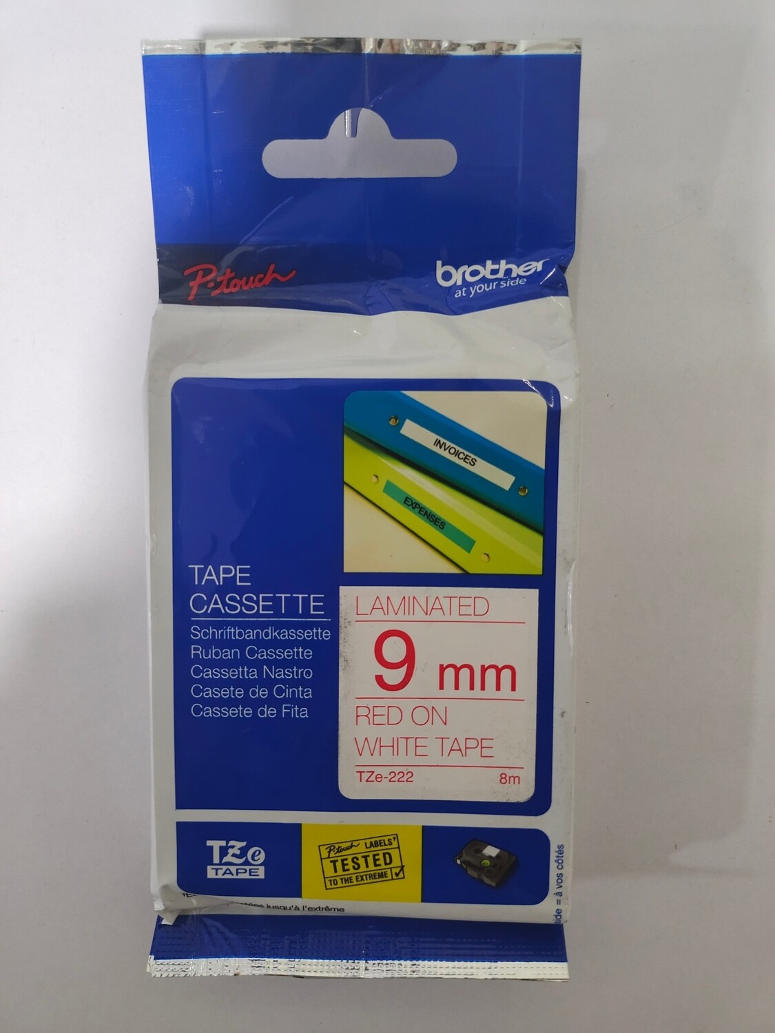 Brother Tze-222 Red on White 9mm Label Tape