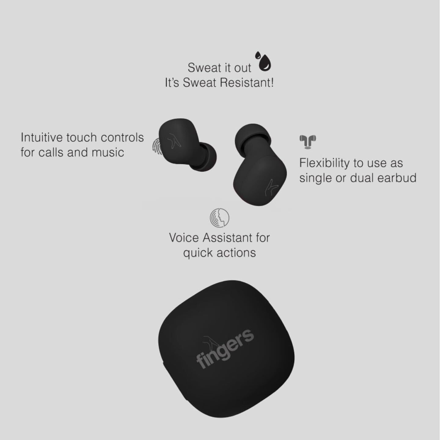 Fingers SizeZero Pods2 TWS Earbuds, Matte Black Fingers SizeZero Pods2 TWS Earbuds, Matte Black