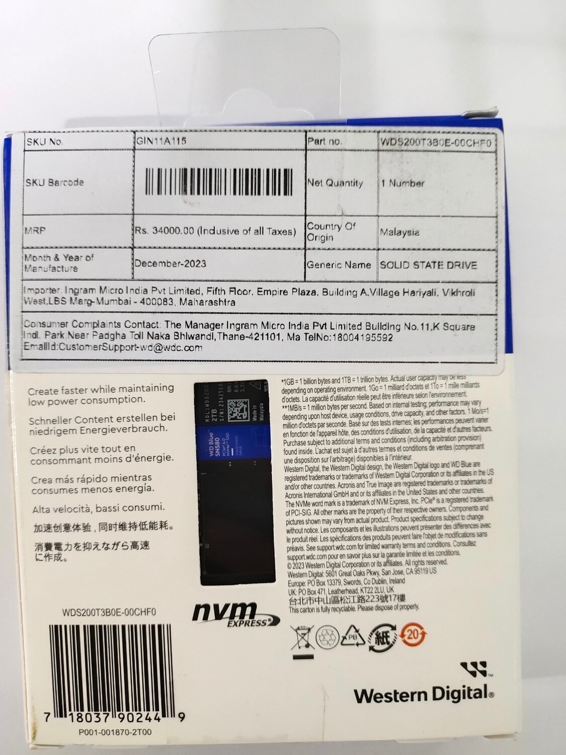 WD Blue 2TB SN580 NVMe Internal SSD