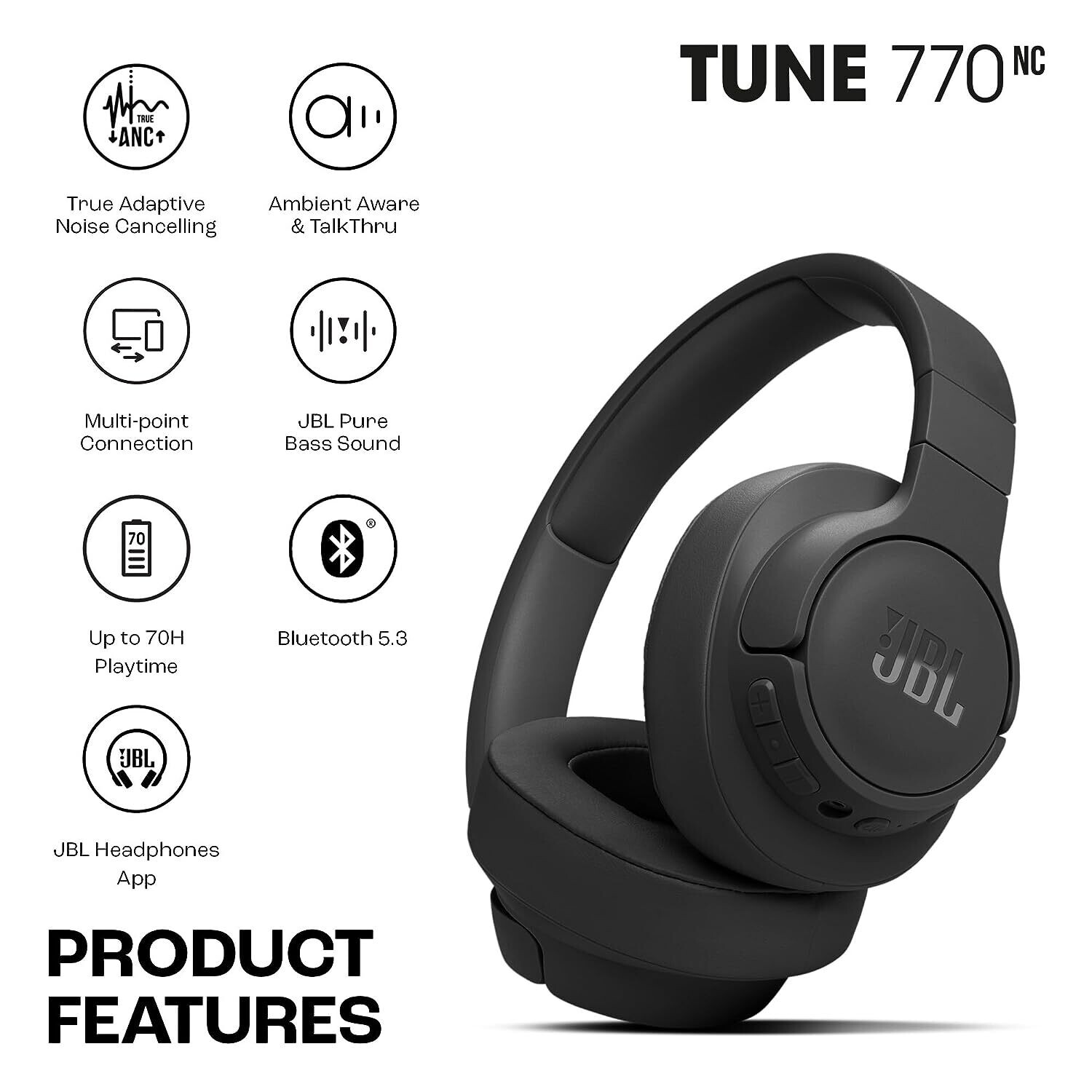 JBL Tune 770NC Wireless Over Ear ANC Headphones with Mic (Black) JBL Tune 770NC Wireless Over Ear ANC Headphones with Mic (Black)