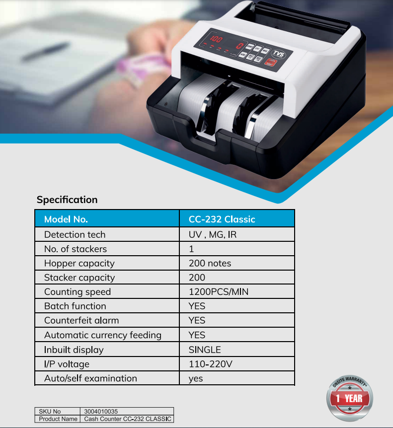 TVS CC-232 Classic Cash Counting Machine TVS CC-232 Classic Cash Counting Machine