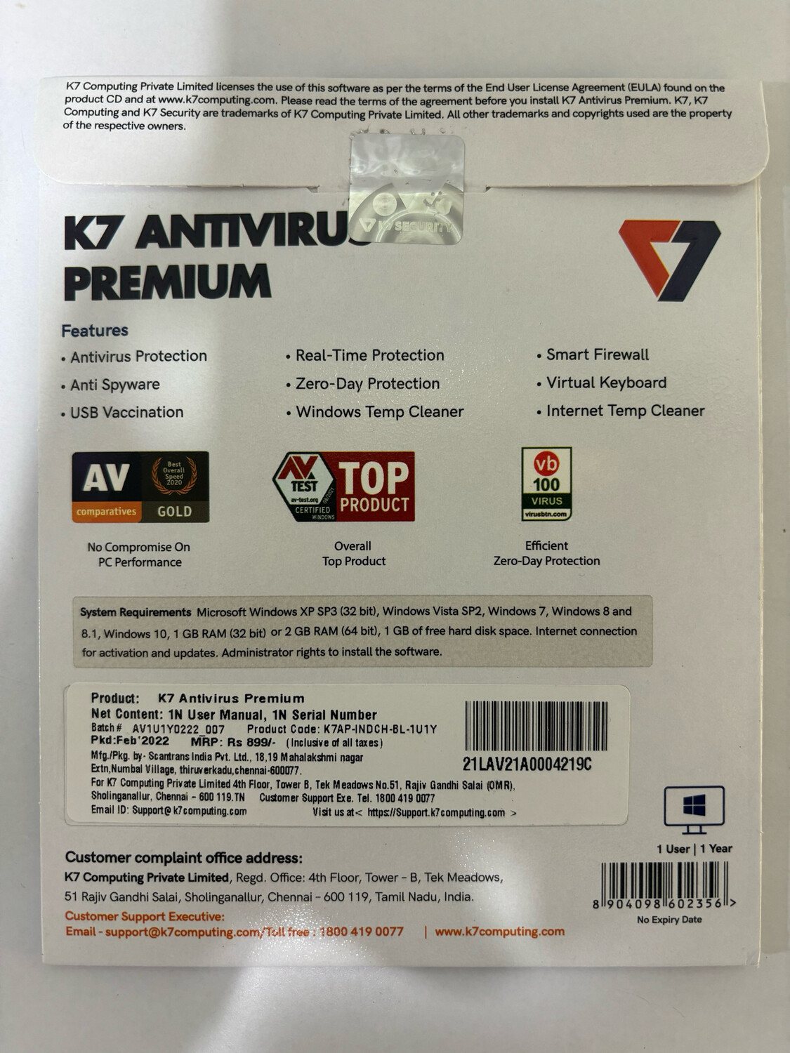 Renewal, 1 User, 1 Year, K7 Antivirus, Premium Renewal, 1 User, 1 Year, K7 Antivirus, Premium