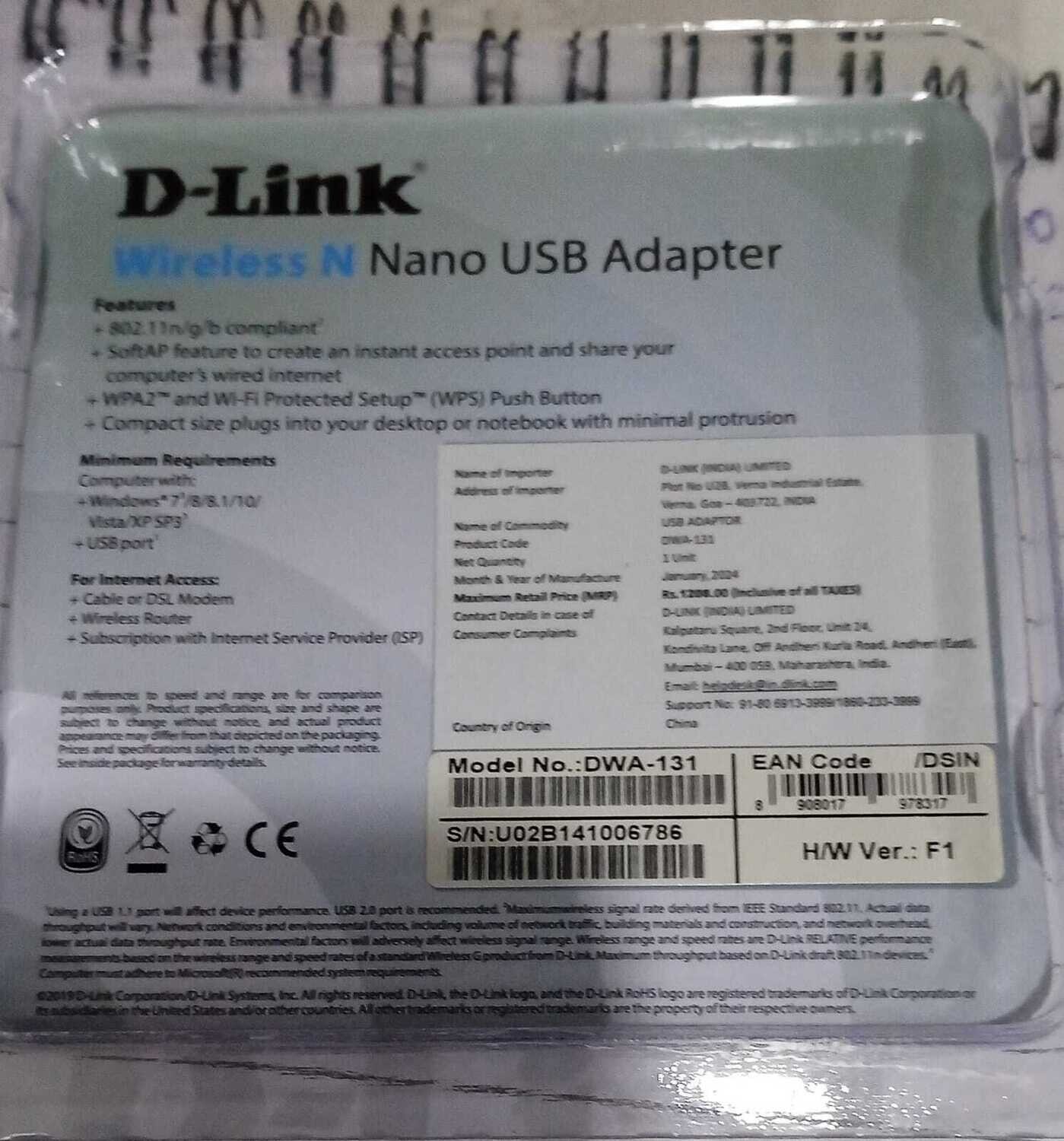 D-Link 300mbps WiFi USB Adapter (DWA-131)