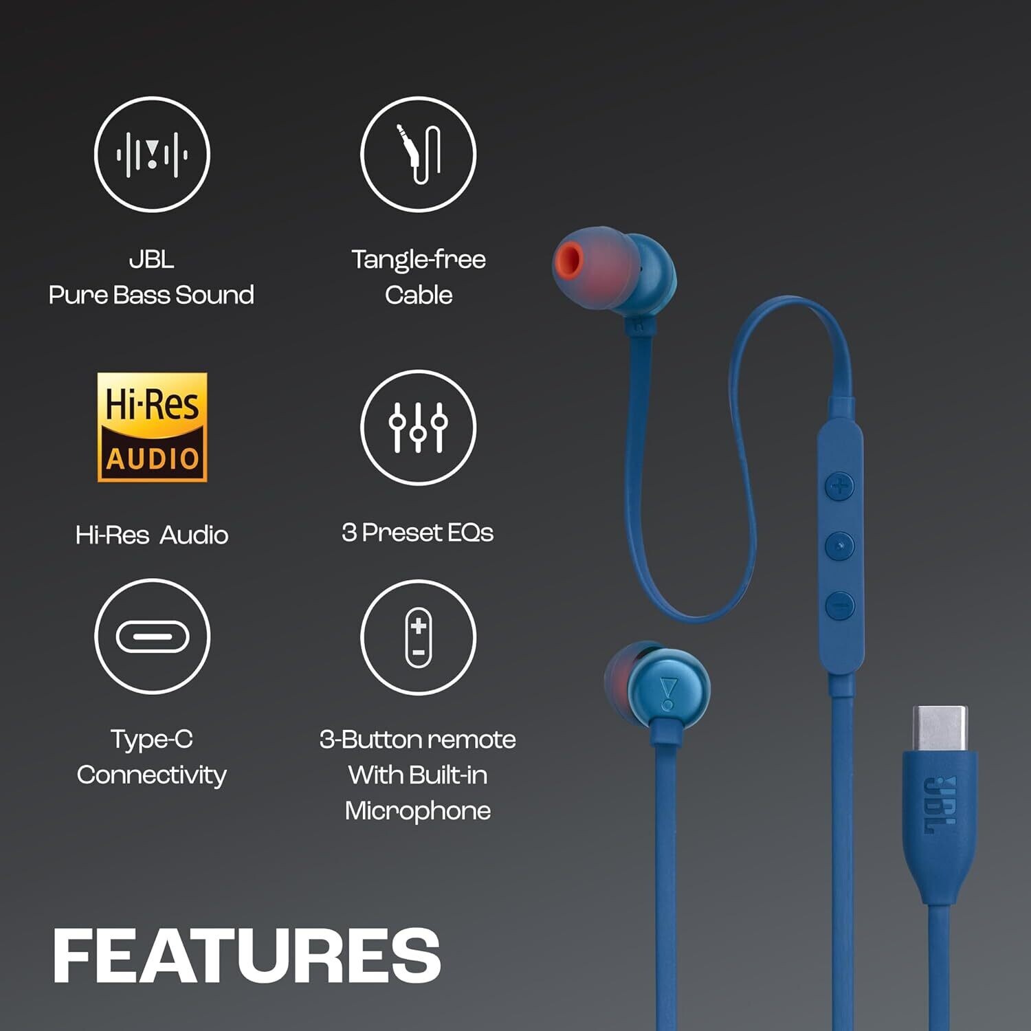 JBL Tune 310C Type-C Wired Earphones (Blue) JBL Tune 310C Type-C Wired Earphones (Blue)