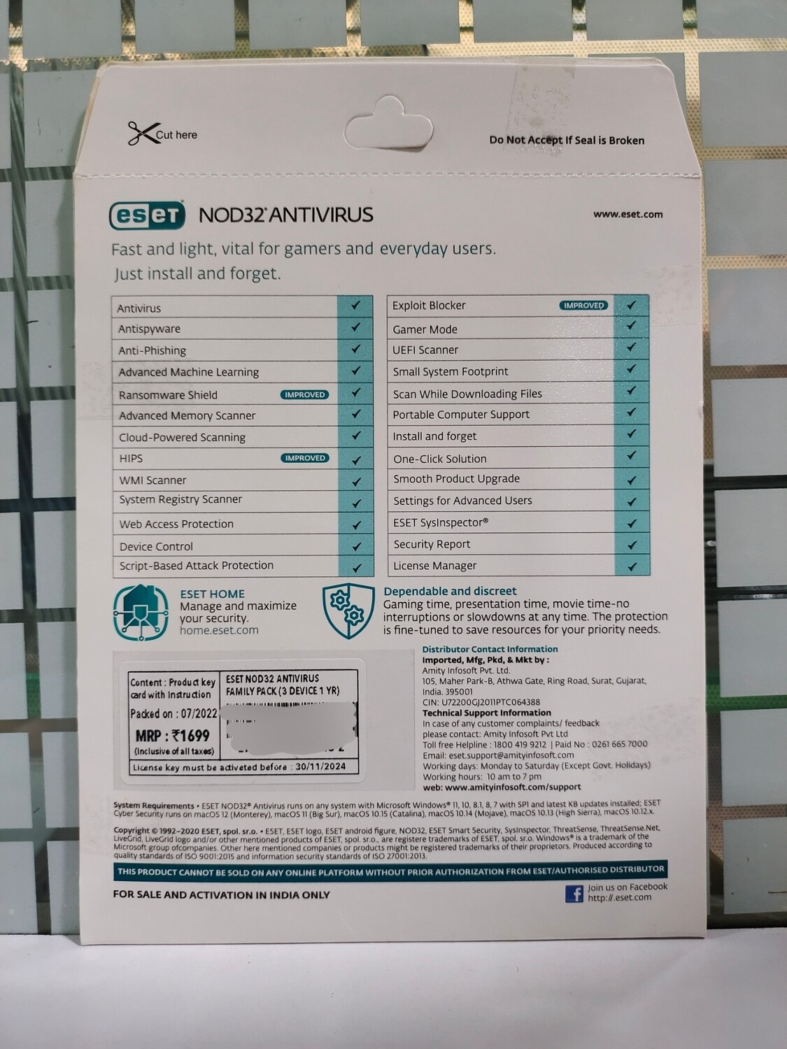 New, 3 User, 1 Year, Eset Nod32 Antivirus, Family Pack