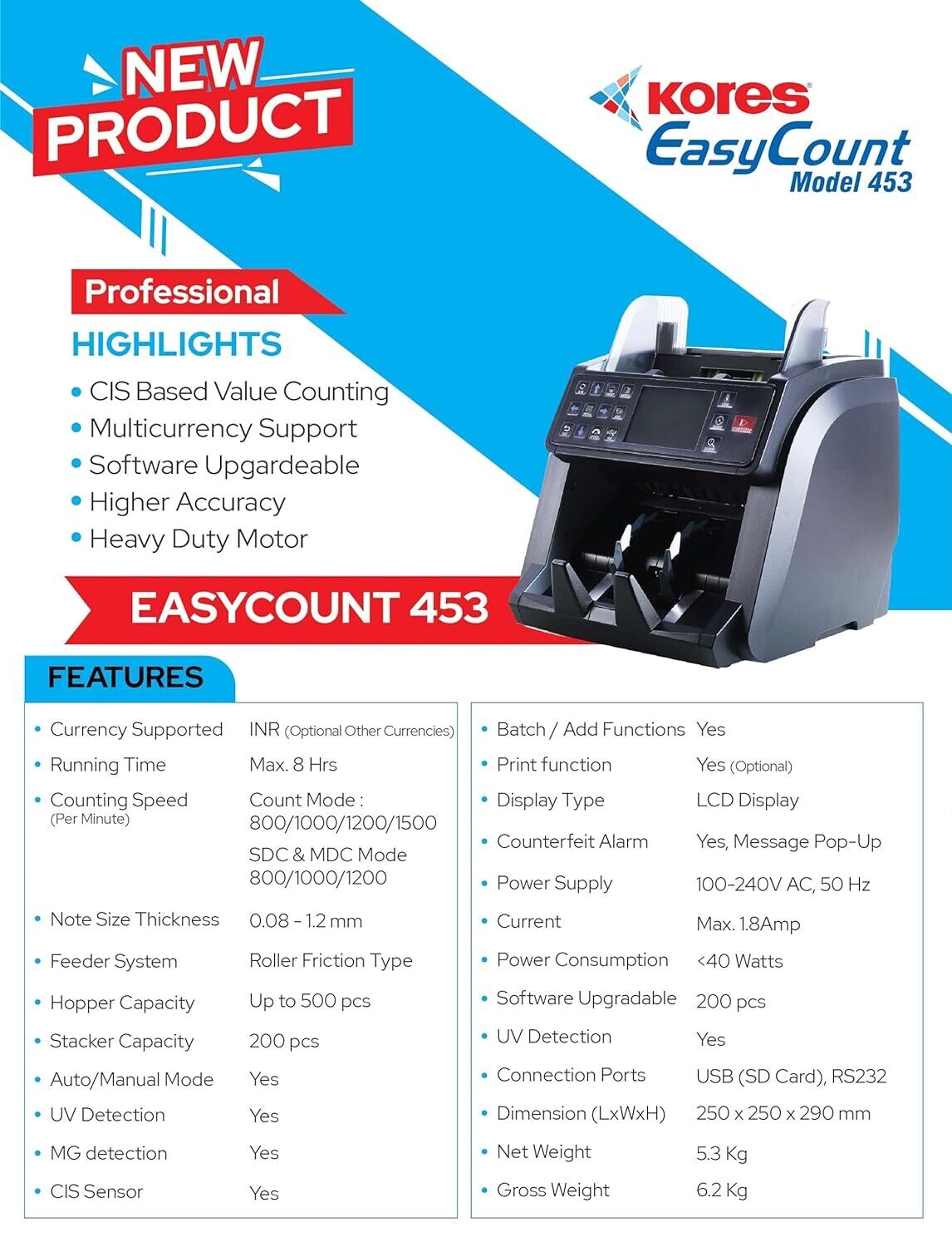 Kores Easy Count 453 40W Cash Counting Machine Kores Easy Count 453 40W Cash Counting Machine