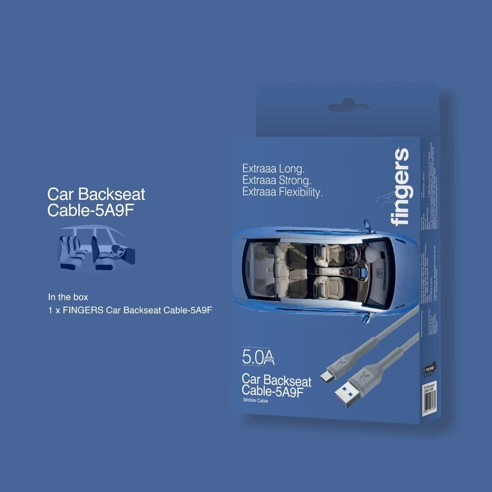 FINGERS Car Backseat Cable-5A9F Type-C Mobile Cable, Steel Grey FINGERS Car Backseat Cable-5A9F Type-C Mobile Cable, Steel Grey