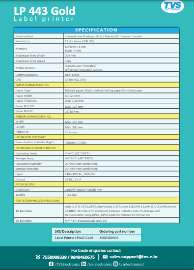 TVS LP 443 Gold Label Printer TVS LP 443 Gold Label Printer