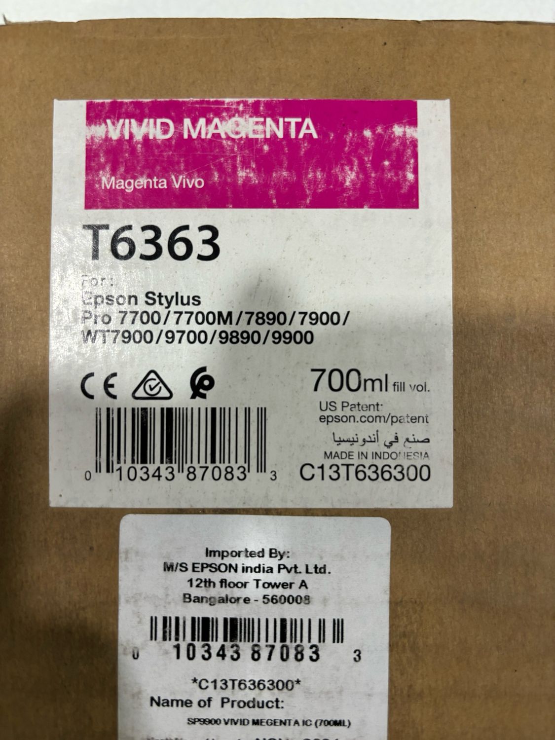 Epson T6363 Vivid Ink Cartridge, Magenta, 700ml