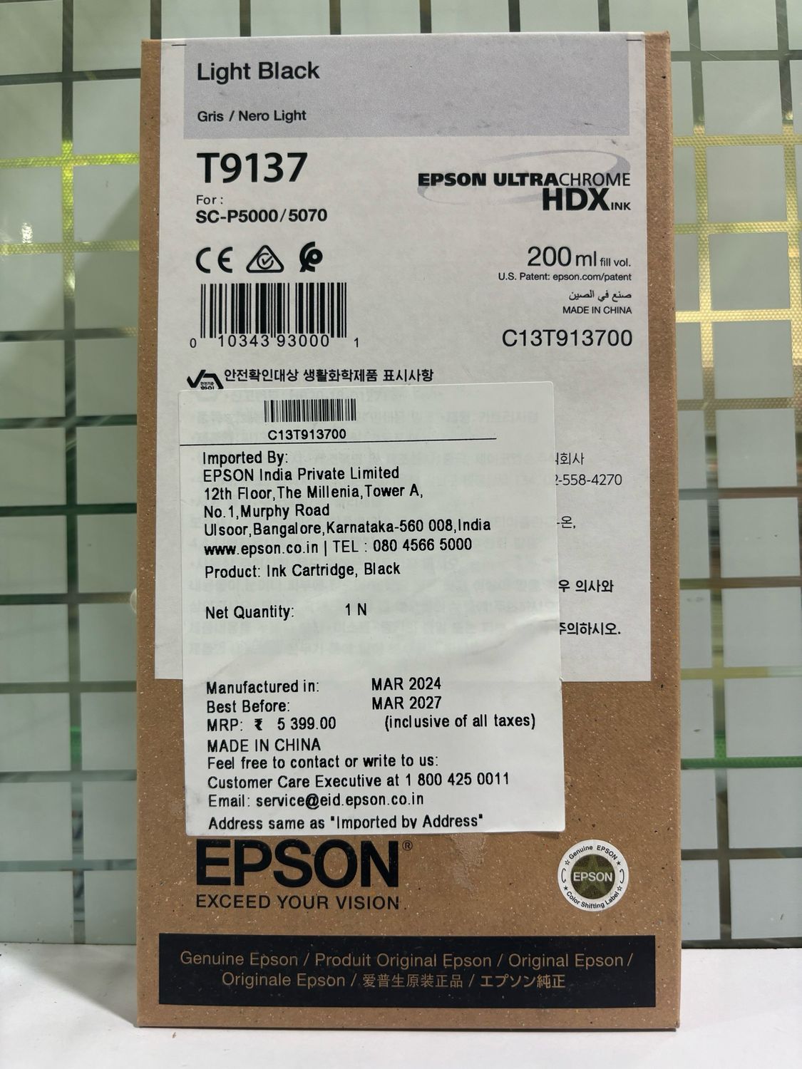 Epson T9137 Light Black Ink Cartridge, 200ml