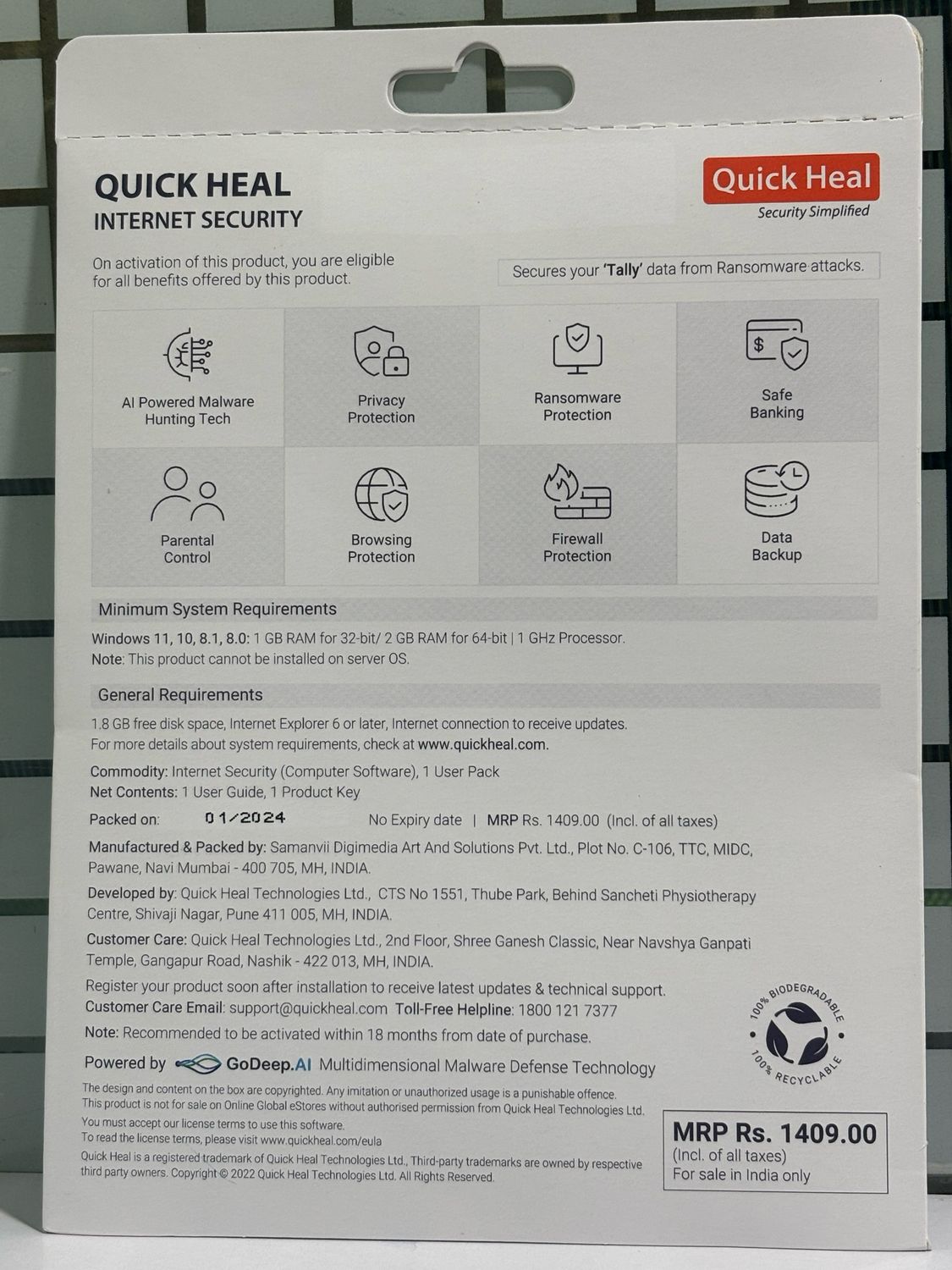 New, 1 User, 1 Year, Quick Heal Internet Security