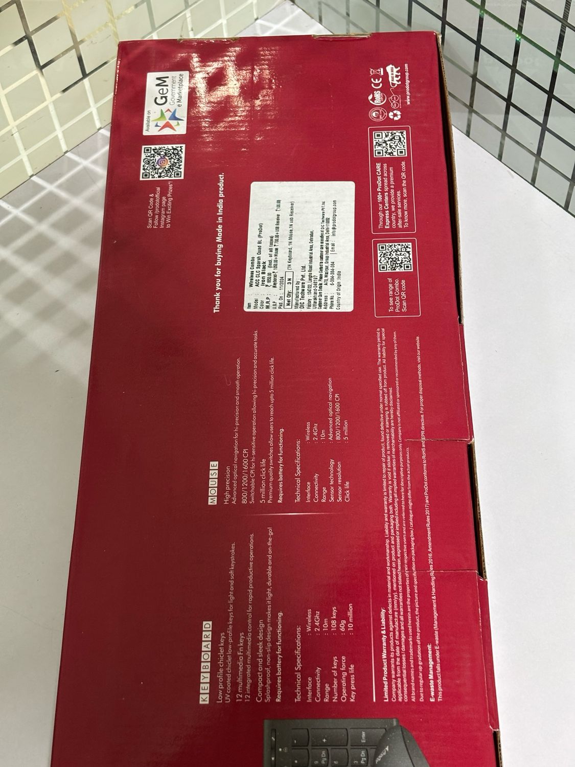 Prodot Sparsh Wireless Keyboard Mouse, Black (Pack of 10)