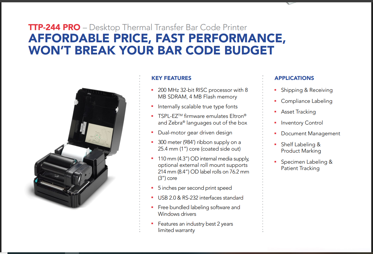 TSC TTP-244 Pro Desktop Thermal Transfer Bar Code Printer TSC TTP-244 Pro Desktop Thermal Transfer Bar Code Printer