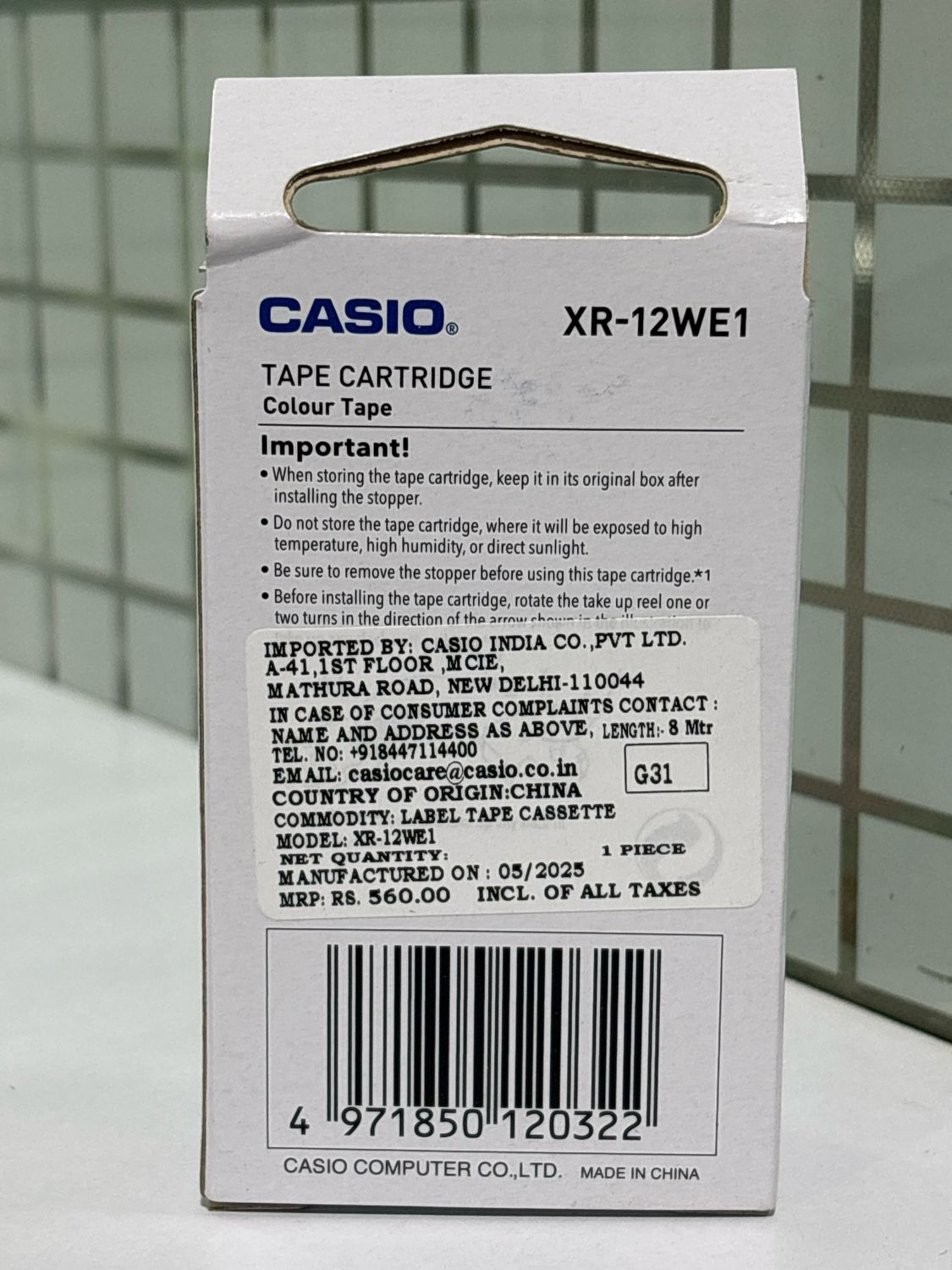 Casio XR-12WE1 Black on White 12mm Label Tape