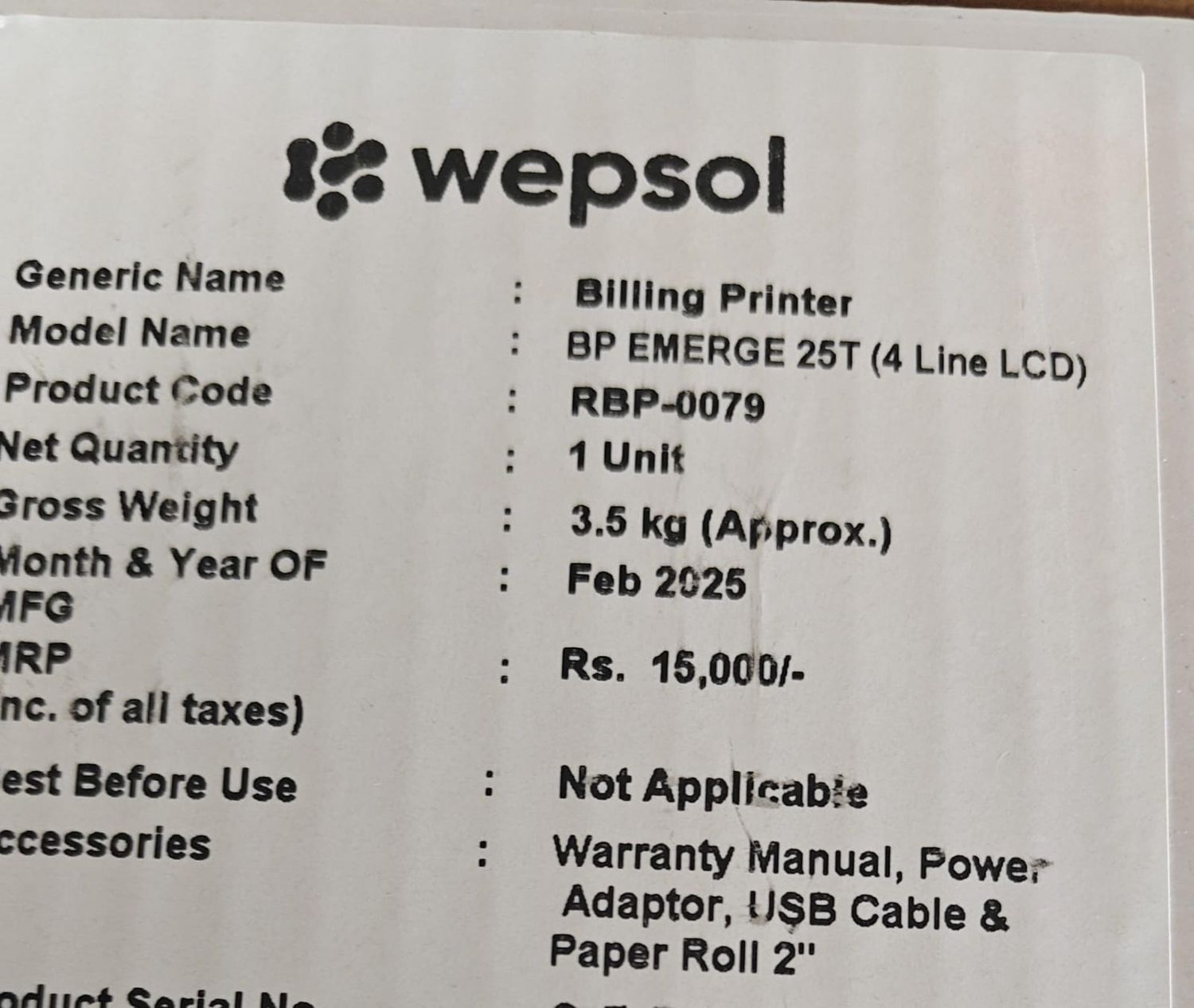 Wep BP EMERGE 25T Billing Printer RBP-0079 (4 Line LCD) Wep BP EMERGE 25T Billing Printer RBP-0079 (4 Line LCD)