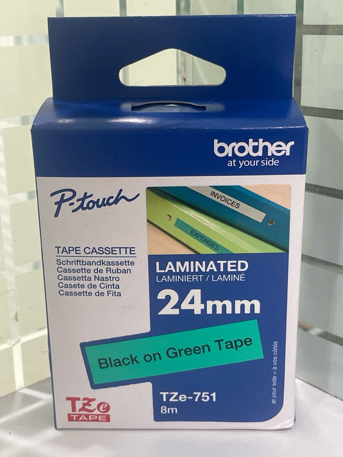 Brother Tze-751 Black on Green 24mm Label Tape